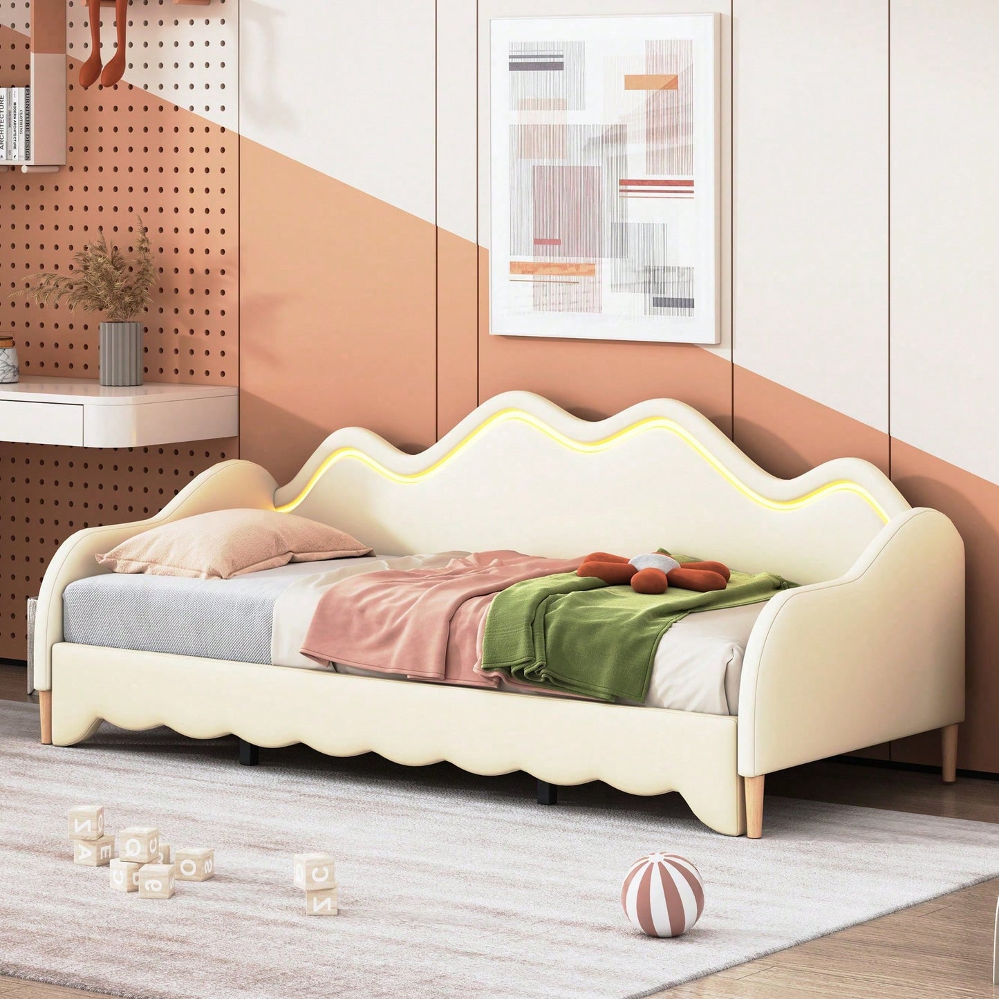 Polsterbett 90(180)*190cm, 2-in-1 Multifunktions-Schlafsofa, Kinderbett aus Kunstleder mit LED-Beleuchtung, mit Lattenrost, Grau