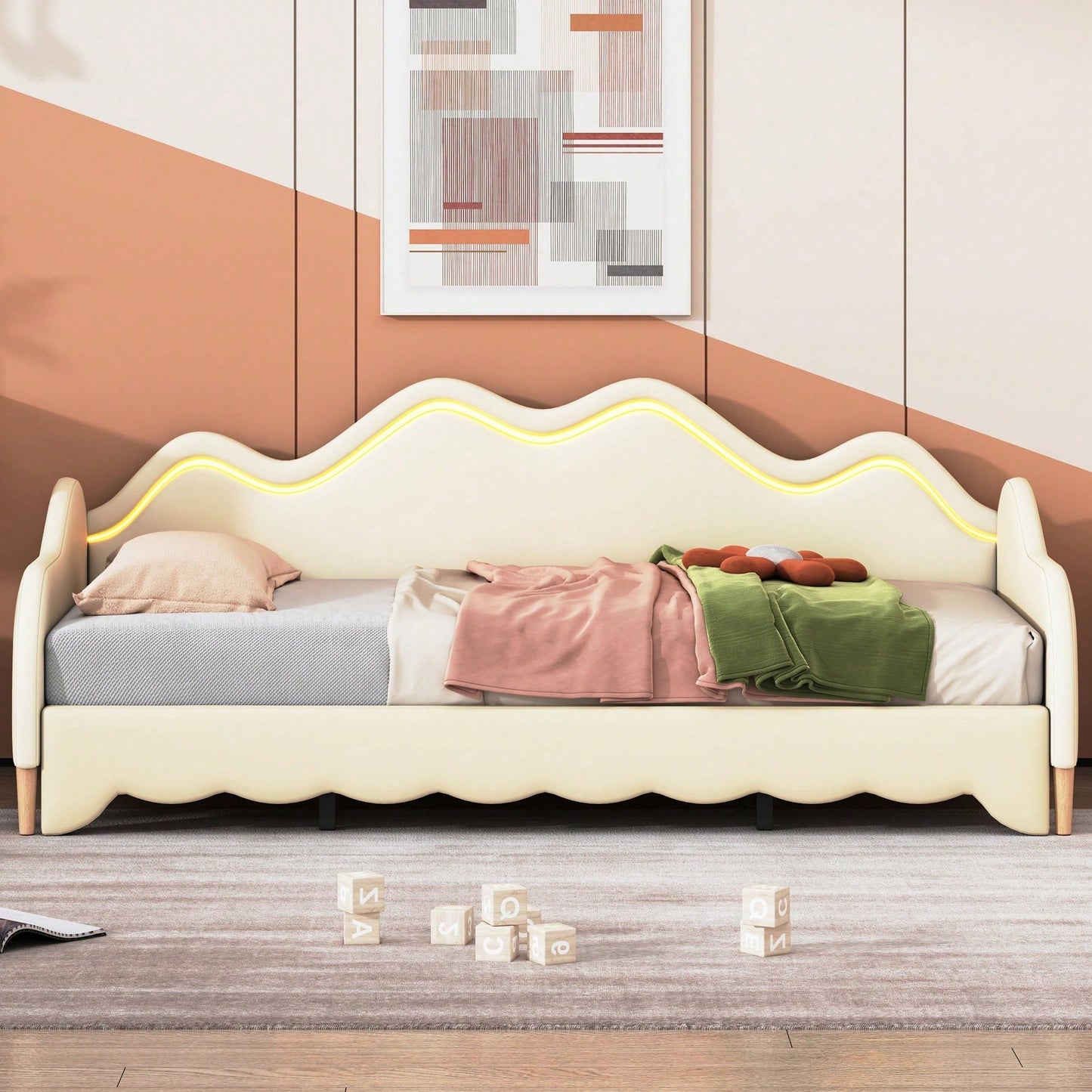 Polsterbett 90(180)*190cm, 2-in-1 Multifunktions-Schlafsofa, Kinderbett aus Kunstleder mit LED-Beleuchtung, mit Lattenrost, Grau