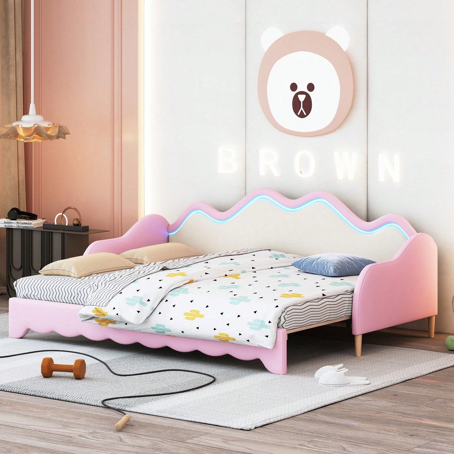 Polsterbett 90(180)*190cm, 2-in-1 Multifunktions-Schlafsofa, Kinderbett aus Kunstleder mit LED-Beleuchtung, mit Lattenrost, Grau
