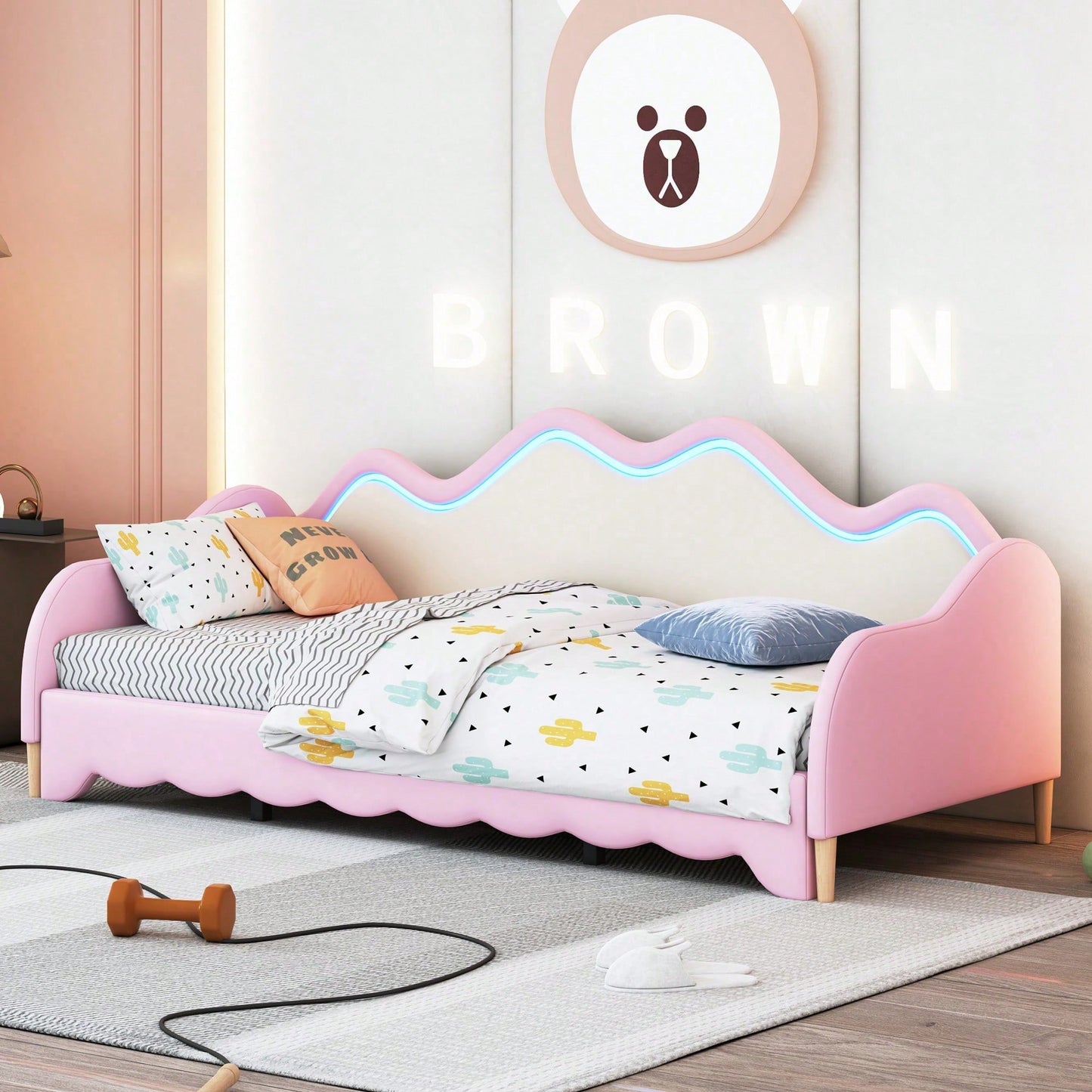 Polsterbett 90(180)*190cm, 2-in-1 Multifunktions-Schlafsofa, Kinderbett aus Kunstleder mit LED-Beleuchtung, mit Lattenrost, Grau