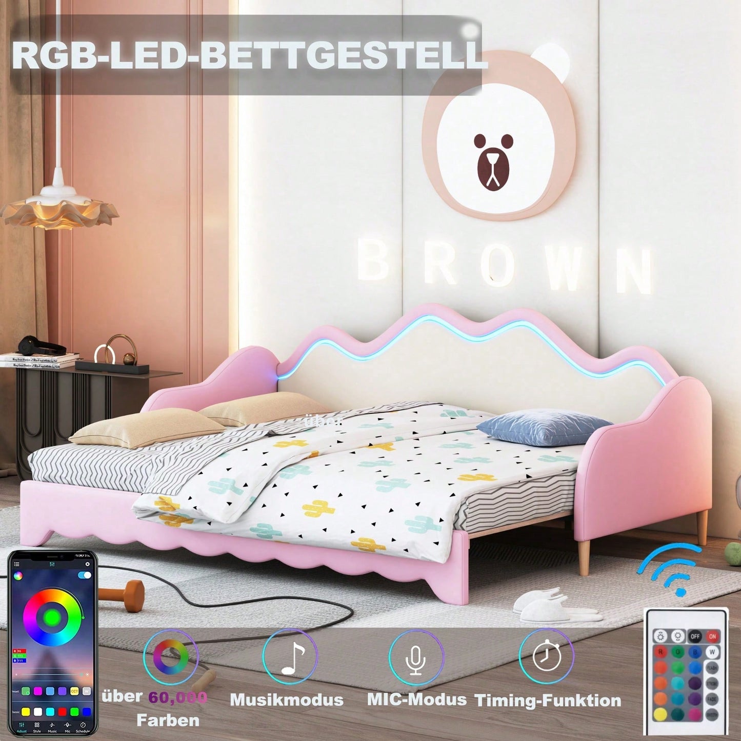 Polsterbett 90(180)*190cm, 2-in-1 Multifunktions-Schlafsofa, Kinderbett aus Kunstleder mit LED-Beleuchtung, mit Lattenrost, Grau