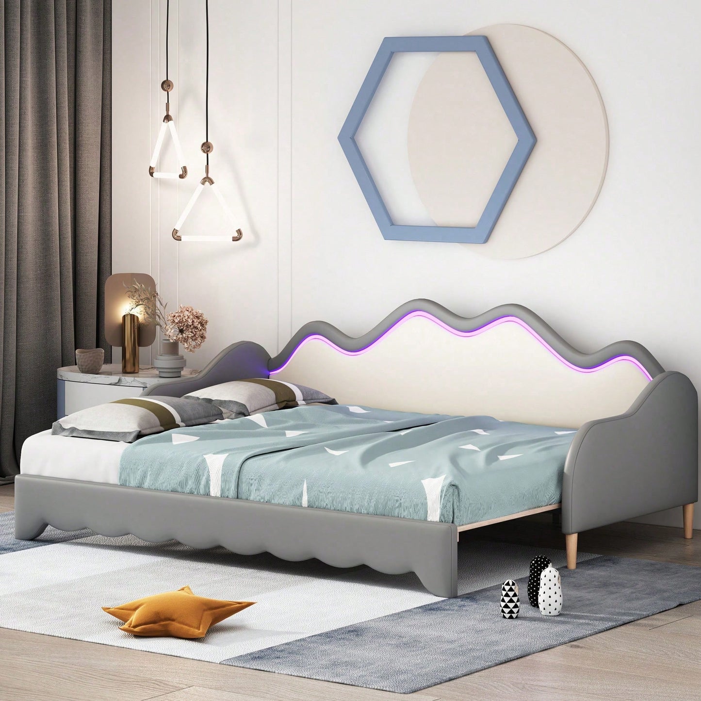 Polsterbett 90(180)*190cm, 2-in-1 Multifunktions-Schlafsofa, Kinderbett aus Kunstleder mit LED-Beleuchtung, mit Lattenrost, Grau