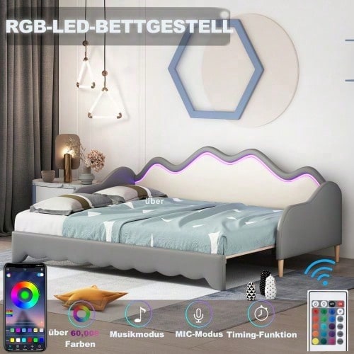 Polsterbett 90(180)*190cm, 2-in-1 Multifunktions-Schlafsofa, Kinderbett aus Kunstleder mit LED-Beleuchtung, mit Lattenrost, Grau