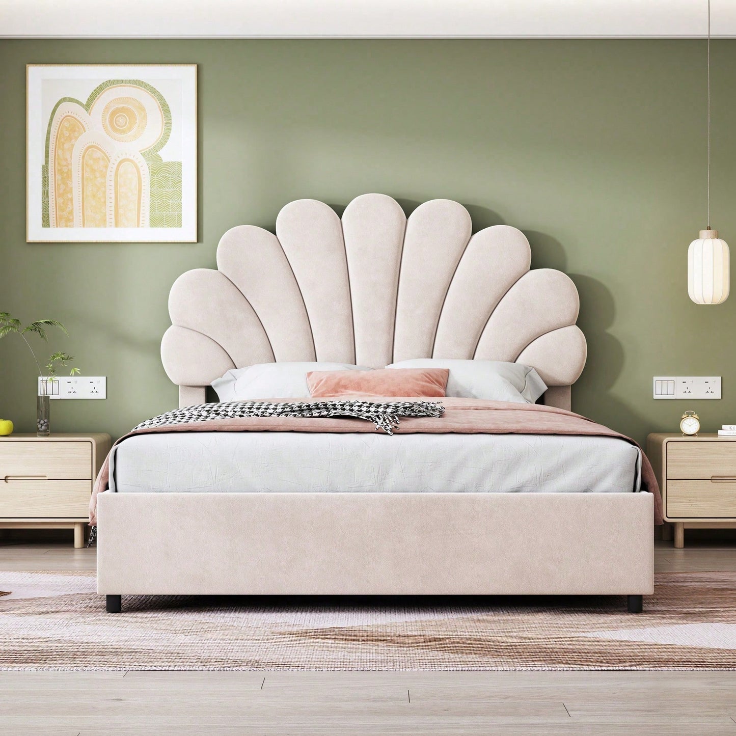 Polsterbett 140 x 200 cm, mit geblümtem Kopfteil und Lattenrost, mit höhenverstellbarem Kopfteil und hydraulischem Stauraum, Juniorbett doppelt, hautfreundlicher Samtstoff, Beige