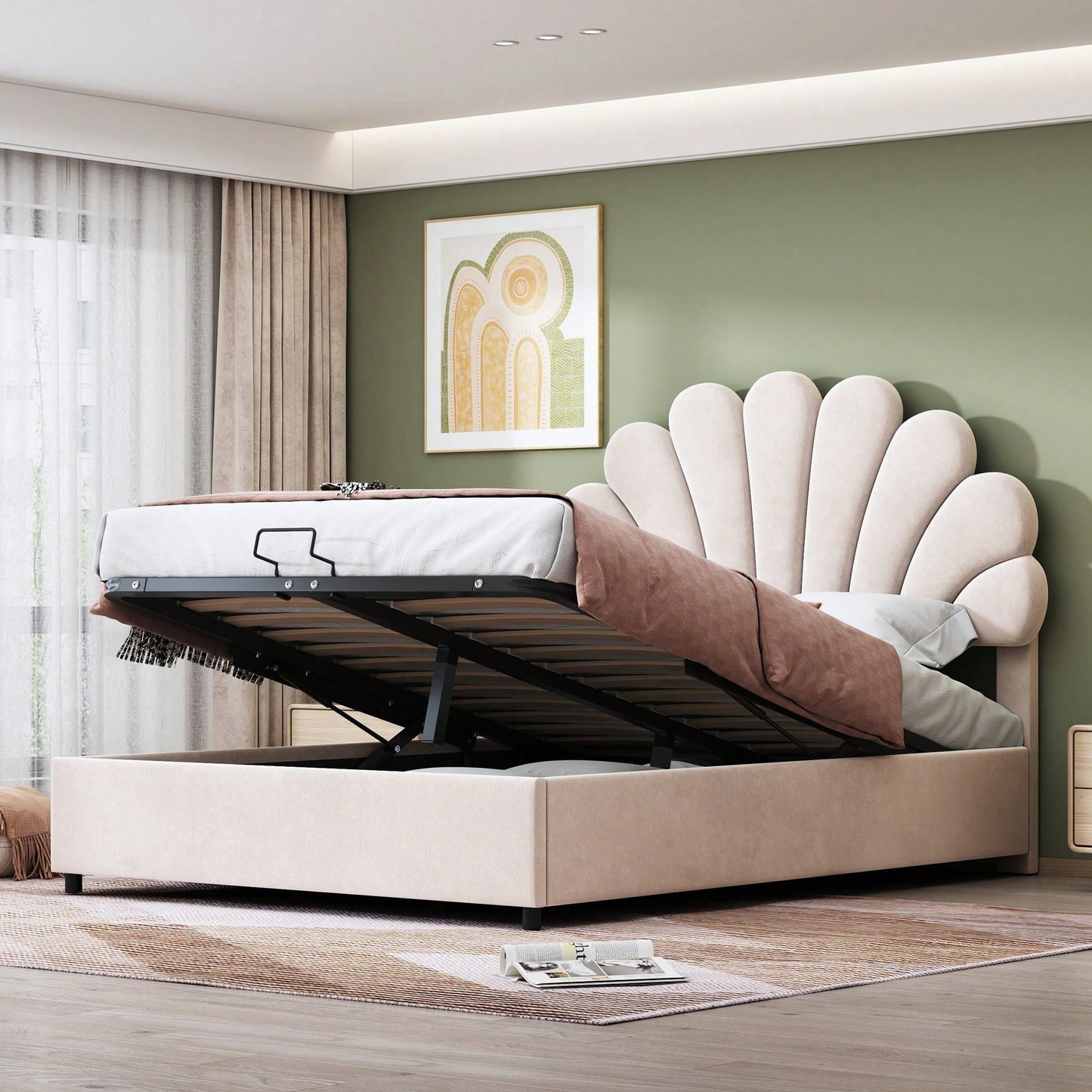 Polsterbett 140 x 200 cm, mit geblümtem Kopfteil und Lattenrost, mit höhenverstellbarem Kopfteil und hydraulischem Stauraum, Juniorbett doppelt, hautfreundlicher Samtstoff, Beige