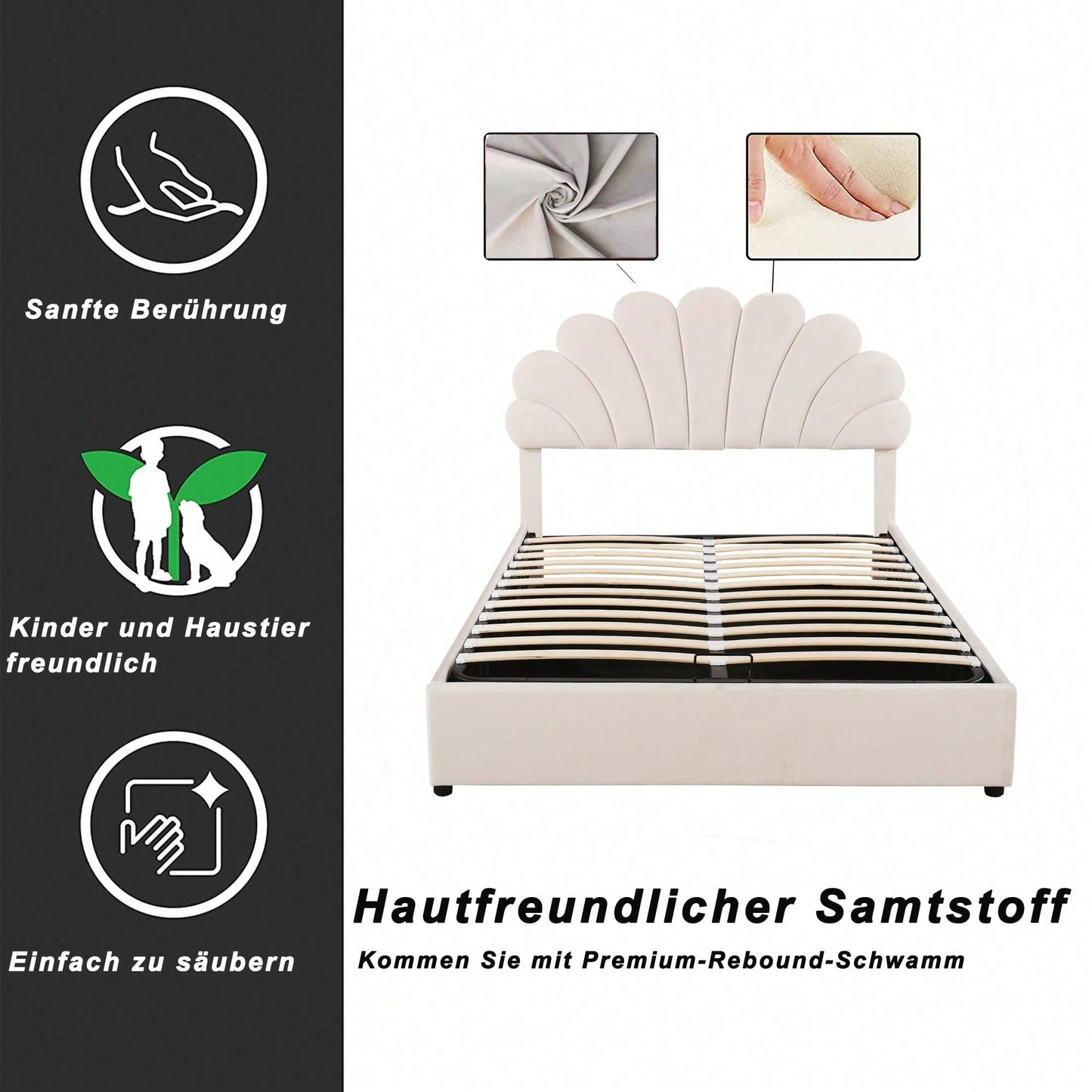 Polsterbett 140 x 200 cm, mit geblümtem Kopfteil und Lattenrost, mit höhenverstellbarem Kopfteil und hydraulischem Stauraum, Juniorbett doppelt, hautfreundlicher Samtstoff, Beige