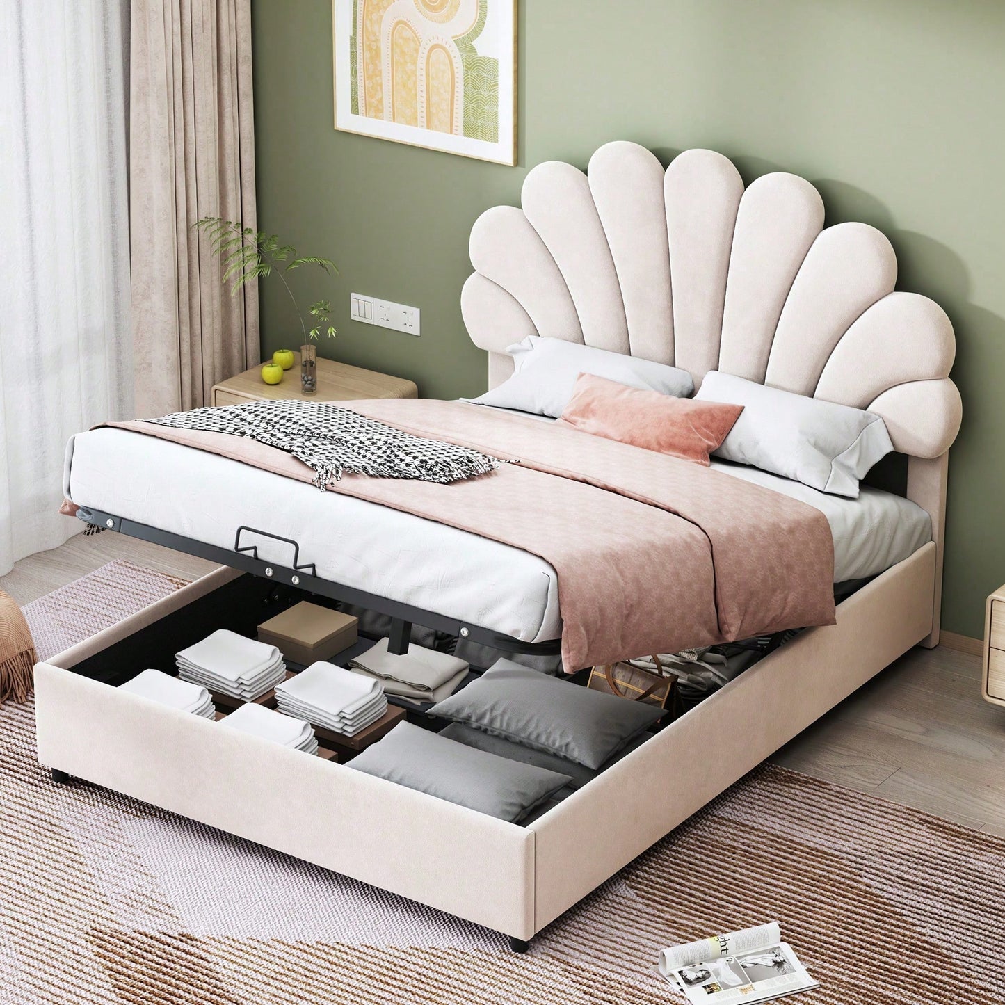 Polsterbett 140 x 200 cm, mit geblümtem Kopfteil und Lattenrost, mit höhenverstellbarem Kopfteil und hydraulischem Stauraum, Juniorbett doppelt, hautfreundlicher Samtstoff, Beige