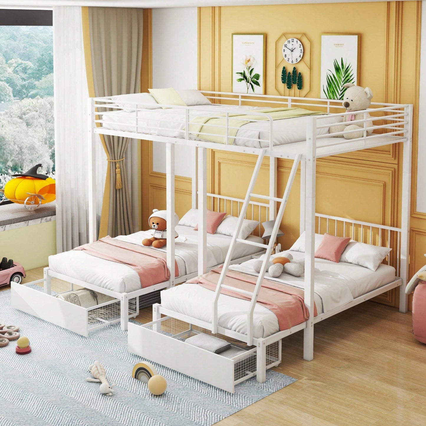 Dreifaches Etagenbett mit Schubladen, Metallbettrahmen, umwandelbar in 140 x 200 Doppelbett und zwei 90 x 200 Einzelbetten, multifunktionales Metallrahmenbett, weiß