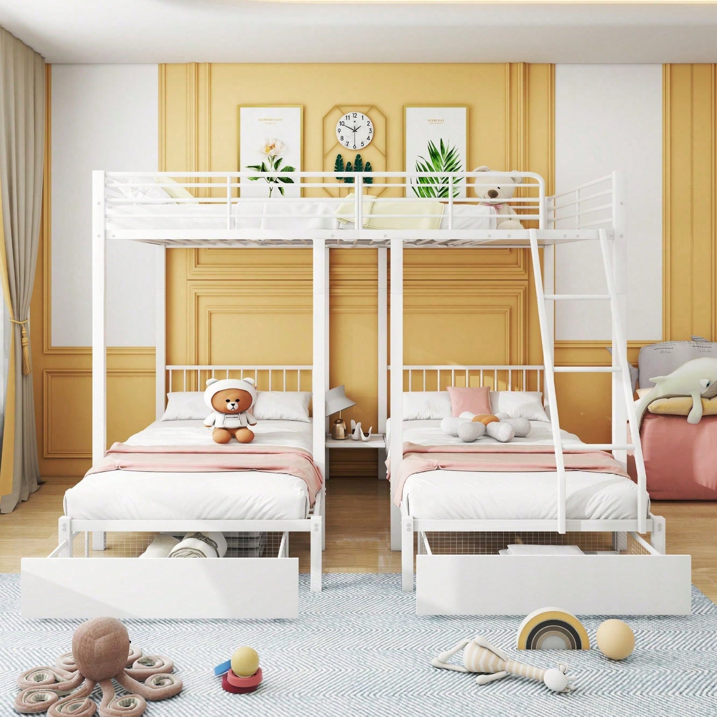 Dreifaches Etagenbett mit Schubladen, Metallbettrahmen, umwandelbar in 140 x 200 Doppelbett und zwei 90 x 200 Einzelbetten, multifunktionales Metallrahmenbett, weiß
