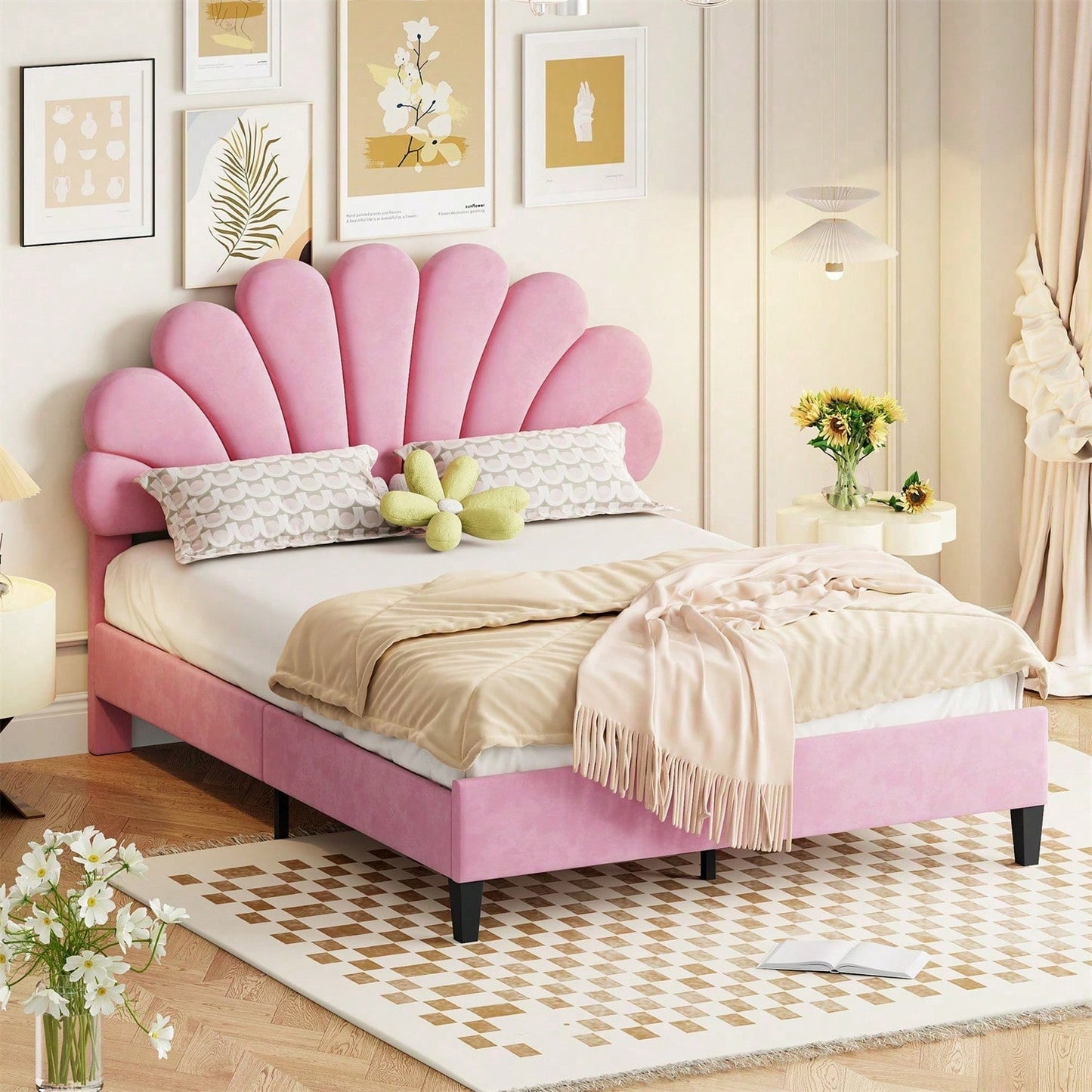 Polsterbett Doppelbett 140 x 200 cm, Bettrahmen mit blumenförmigem Kopfteil und Lattenrost, Erwachsenen-Jugendbett in hautfreundlichem Samtstoff, Gästebett Rosa