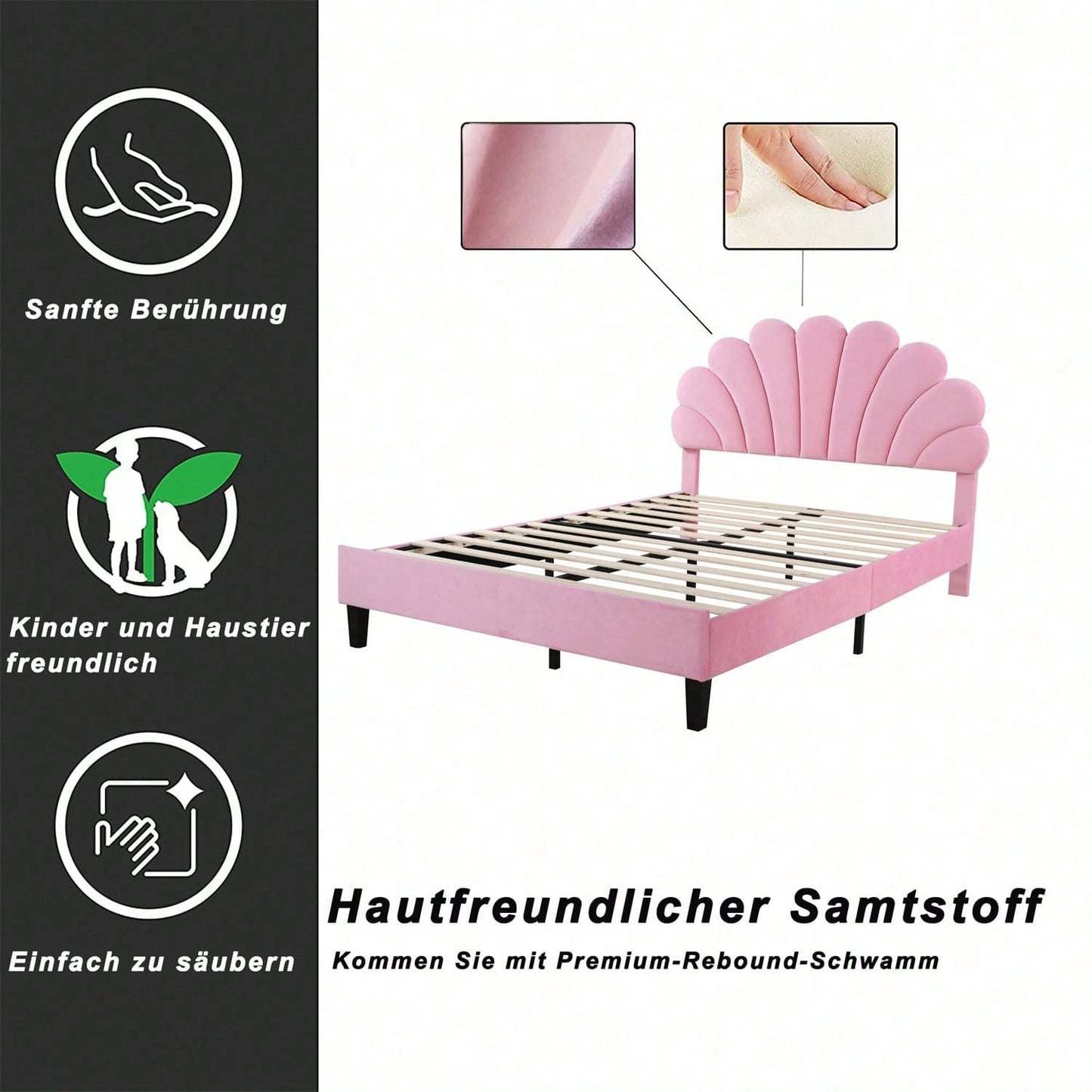 Polsterbett Doppelbett 140 x 200 cm, Bettrahmen mit blumenförmigem Kopfteil und Lattenrost, Erwachsenen-Jugendbett in hautfreundlichem Samtstoff, Gästebett Rosa