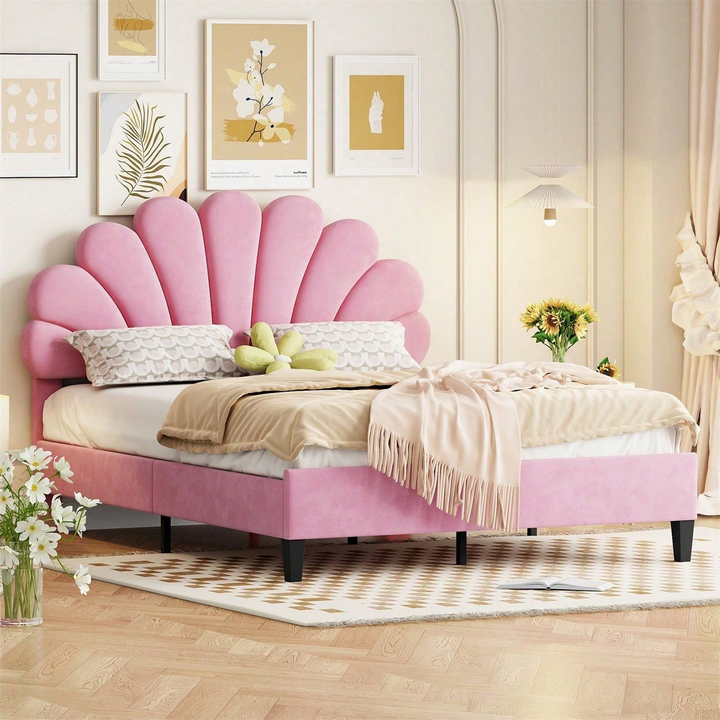 Polsterbett Doppelbett 140 x 200 cm, Bettrahmen mit blumenförmigem Kopfteil und Lattenrost, Erwachsenen-Jugendbett in hautfreundlichem Samtstoff, Gästebett Rosa