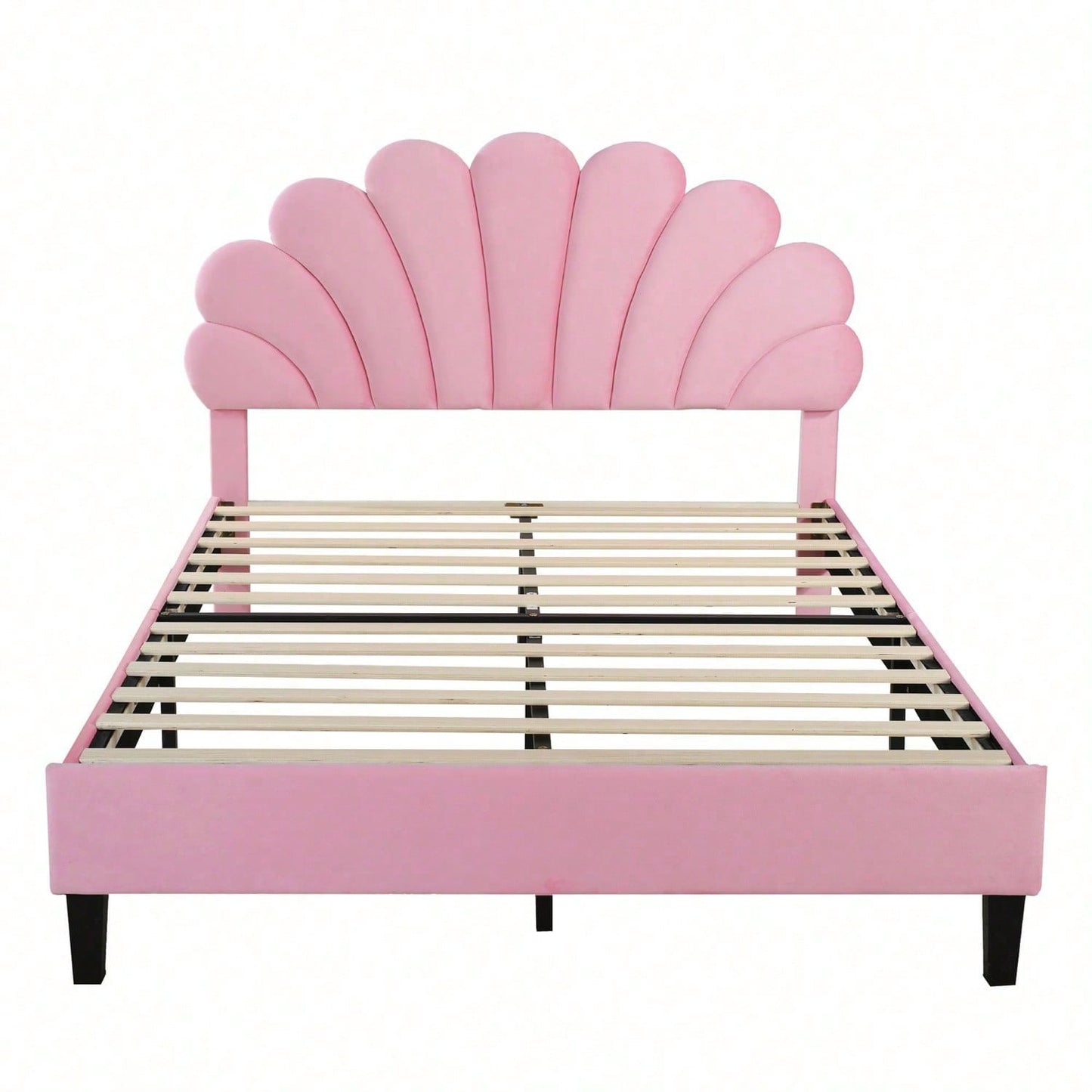 Polsterbett Doppelbett 140 x 200 cm, Bettrahmen mit blumenförmigem Kopfteil und Lattenrost, Erwachsenen-Jugendbett in hautfreundlichem Samtstoff, Gästebett Rosa