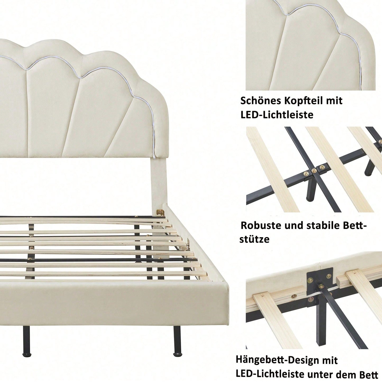 Polsterbett 140 x 200 cm, Gepolsterter Schwebebett Rahmen mit LED-Leuchten und Kopfteildesign, flächiges Doppelbett-Gästebett in hautfreundlichem Samtstoff Beige