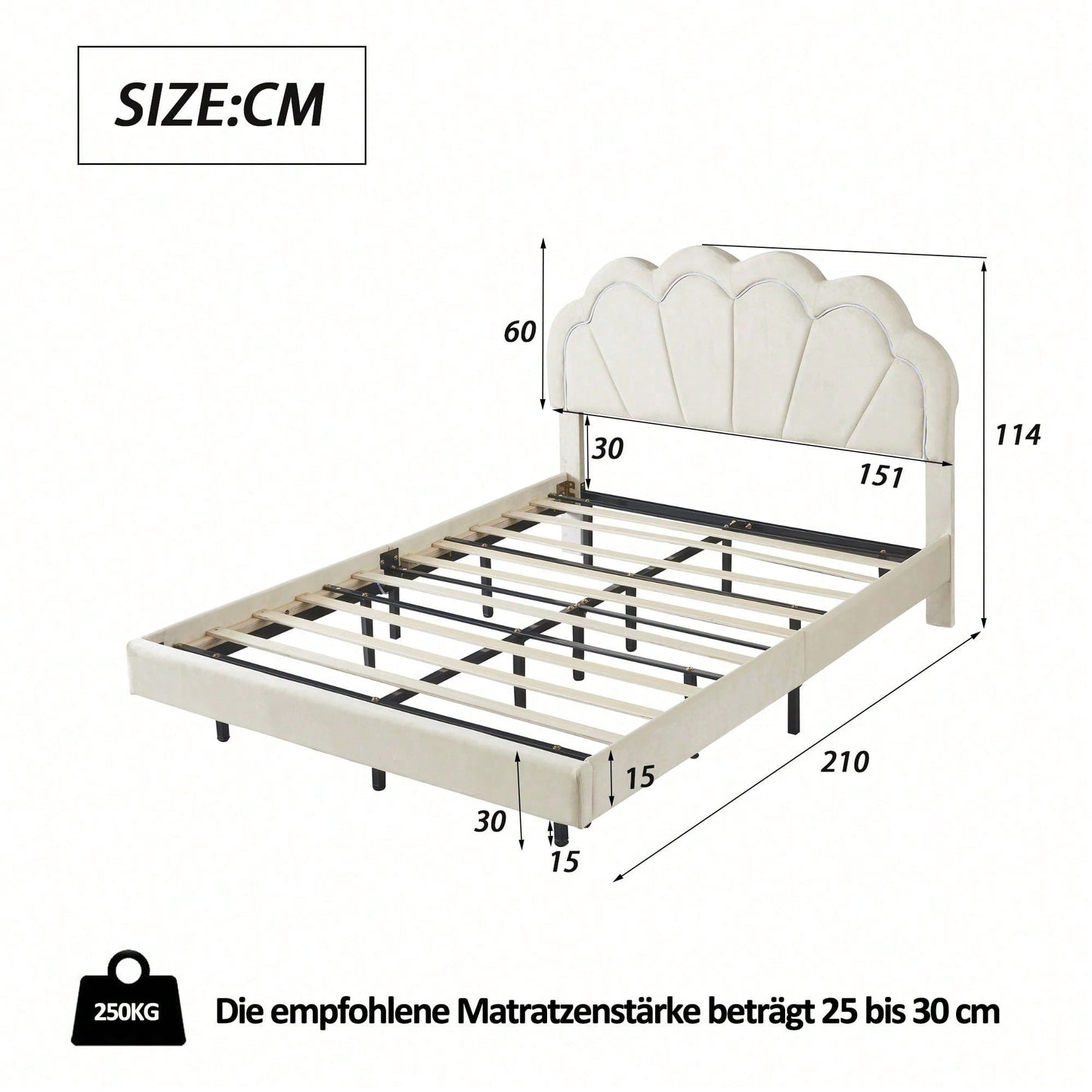 Polsterbett 140 x 200 cm, Gepolsterter Schwebebett Rahmen mit LED-Leuchten und Kopfteildesign, flächiges Doppelbett-Gästebett in hautfreundlichem Samtstoff Beige