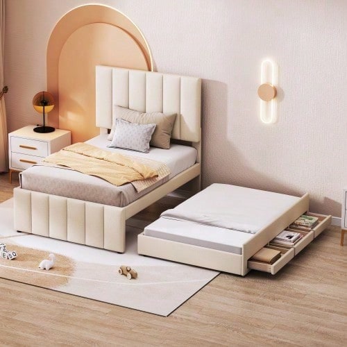 Polsterbett 90 x 200 cm mit Rollbett und Stauraumschubladen, hautfreundliche Leinenpolsterung, flaches Einzelbett, Kinderbett, Jugendbett, Gästebett (Rosa