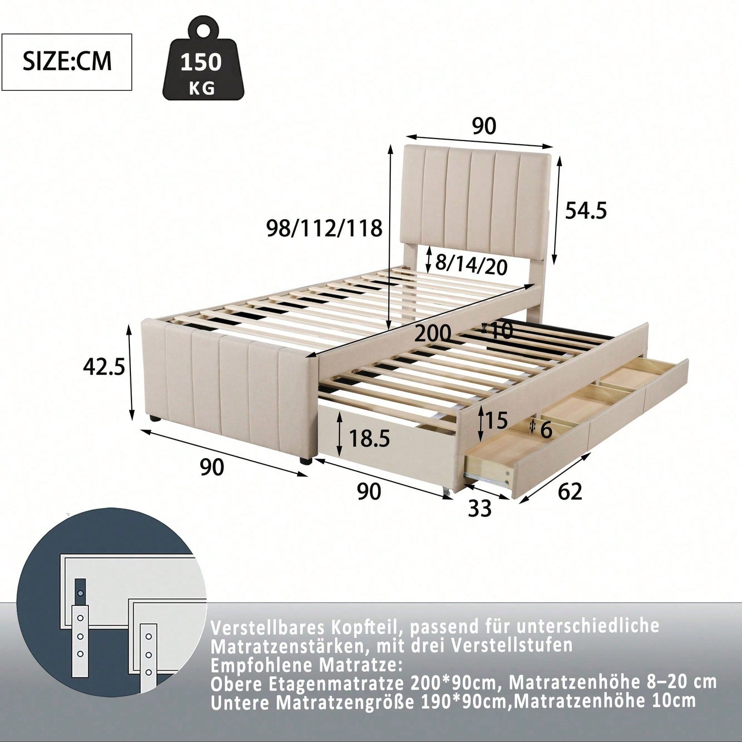 Polsterbett 90 x 200 cm mit Rollbett und Stauraumschubladen, hautfreundliche Leinenpolsterung, flaches Einzelbett, Kinderbett, Jugendbett, Gästebett (Rosa