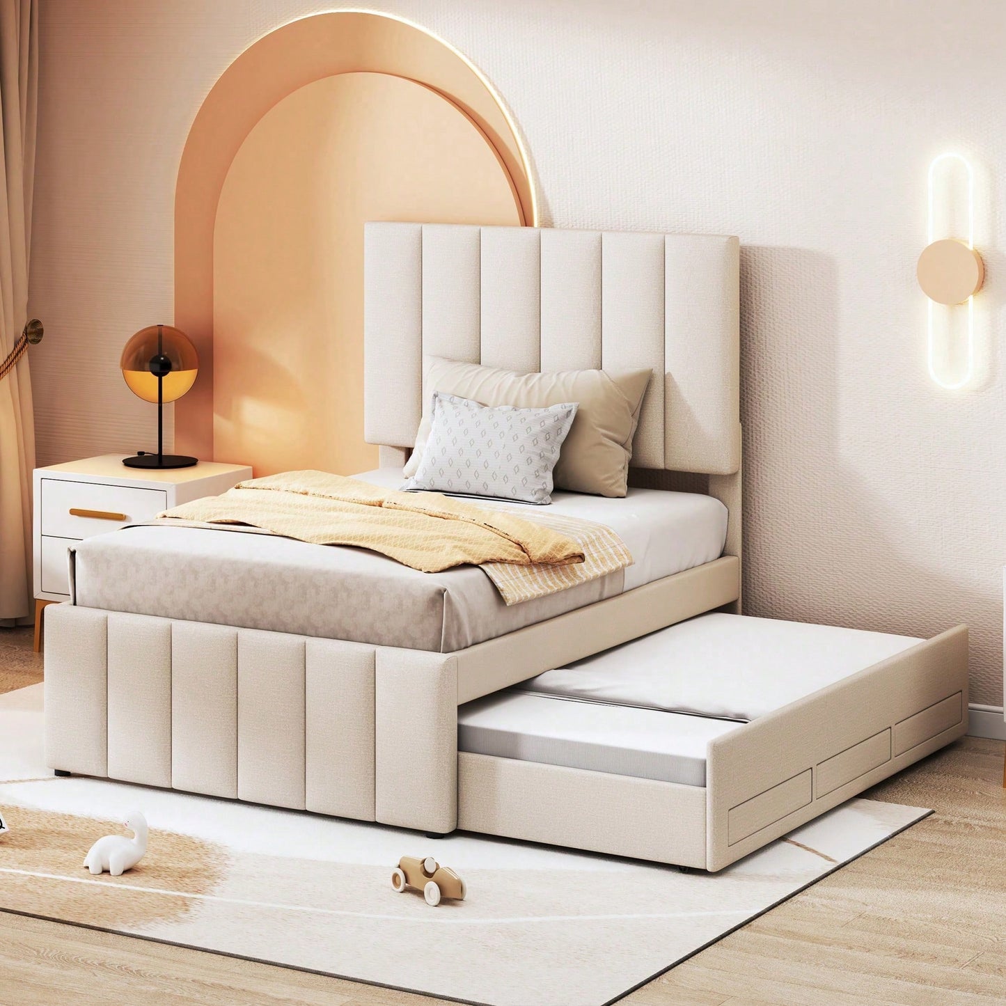 Polsterbett 90 x 200 cm mit Rollbett und Stauraumschubladen, hautfreundliche Leinenpolsterung, flaches Einzelbett, Kinderbett, Jugendbett, Gästebett (Rosa