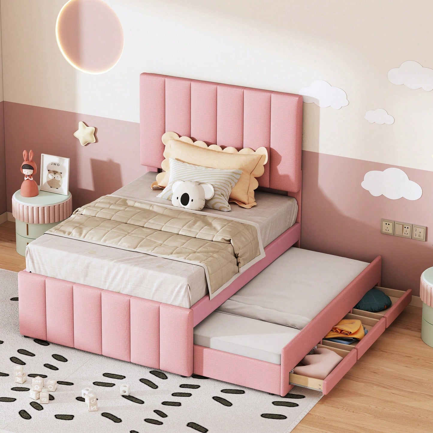Polsterbett 90 x 200 cm mit Rollbett und Stauraumschubladen, hautfreundliche Leinenpolsterung, flaches Einzelbett, Kinderbett, Jugendbett, Gästebett (Rosa