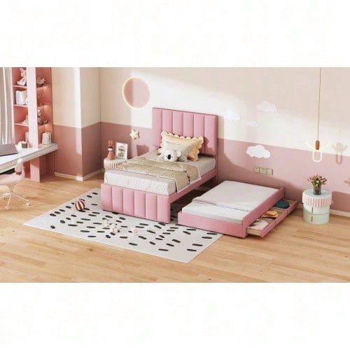 Polsterbett 90 x 200 cm mit Rollbett und Stauraumschubladen, hautfreundliche Leinenpolsterung, flaches Einzelbett, Kinderbett, Jugendbett, Gästebett (Rosa