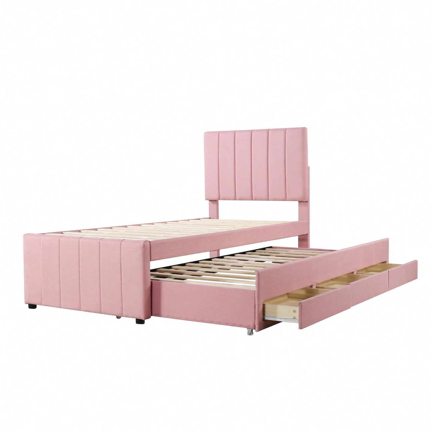 Polsterbett 90 x 200 cm mit Rollbett und Stauraumschubladen, hautfreundliche Leinenpolsterung, flaches Einzelbett, Kinderbett, Jugendbett, Gästebett (Rosa