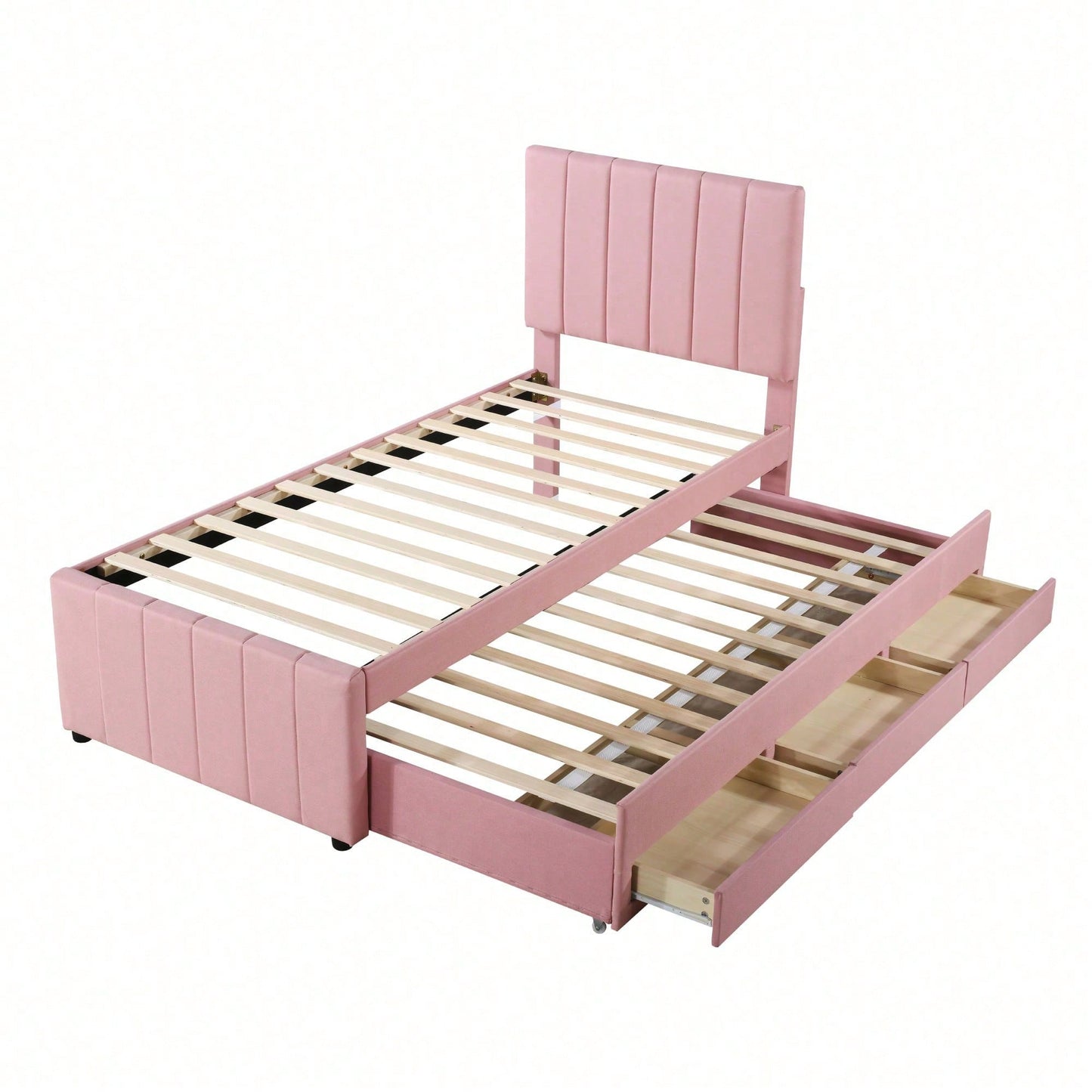 Polsterbett 90 x 200 cm mit Rollbett und Stauraumschubladen, hautfreundliche Leinenpolsterung, flaches Einzelbett, Kinderbett, Jugendbett, Gästebett (Rosa