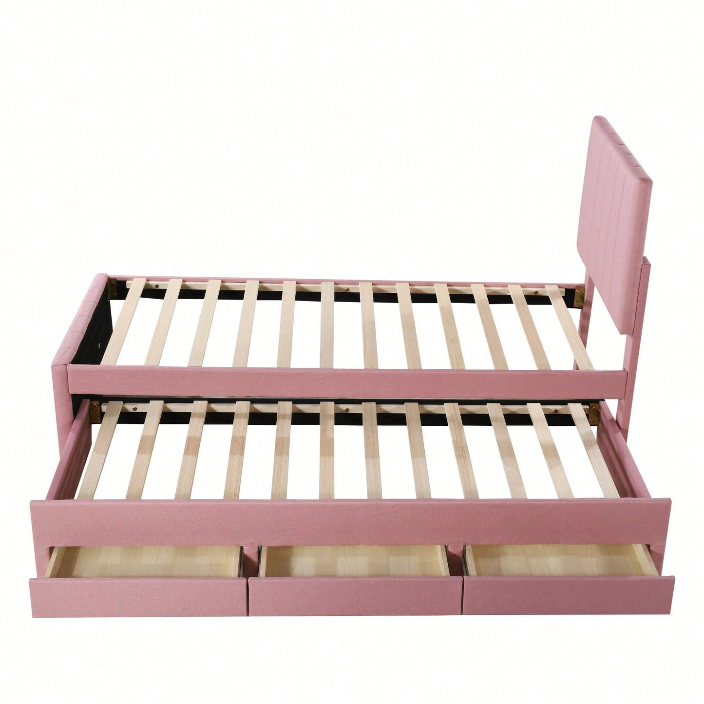 Polsterbett 90 x 200 cm mit Rollbett und Stauraumschubladen, hautfreundliche Leinenpolsterung, flaches Einzelbett, Kinderbett, Jugendbett, Gästebett (Rosa