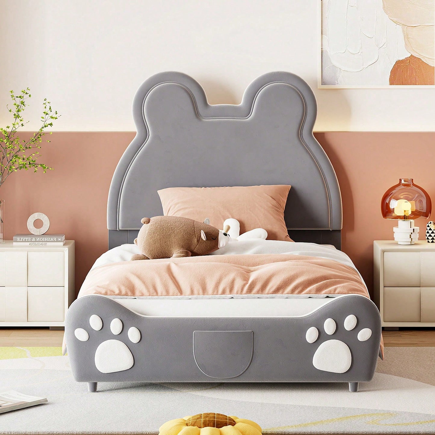 Polsterbett Schönes Kinderbett, 90 x 200 cm, Bärenform. Einzelbett aus hautfreundlichem Velours, grau