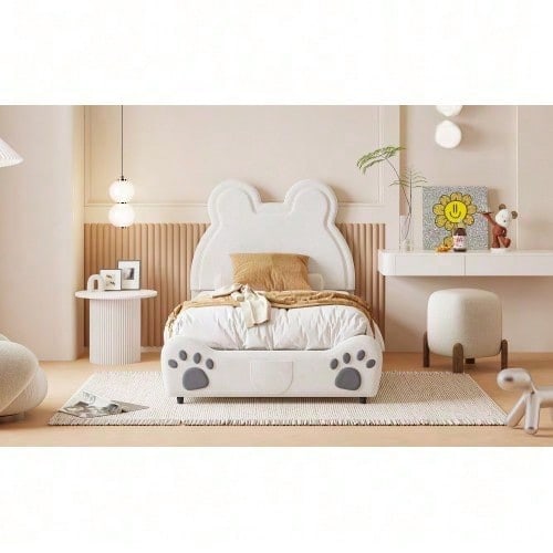 Polsterbett Schönes Kinderbett, 90 x 200 cm, Bärenform. Einzelbett aus hautfreundlichem Velours, grau