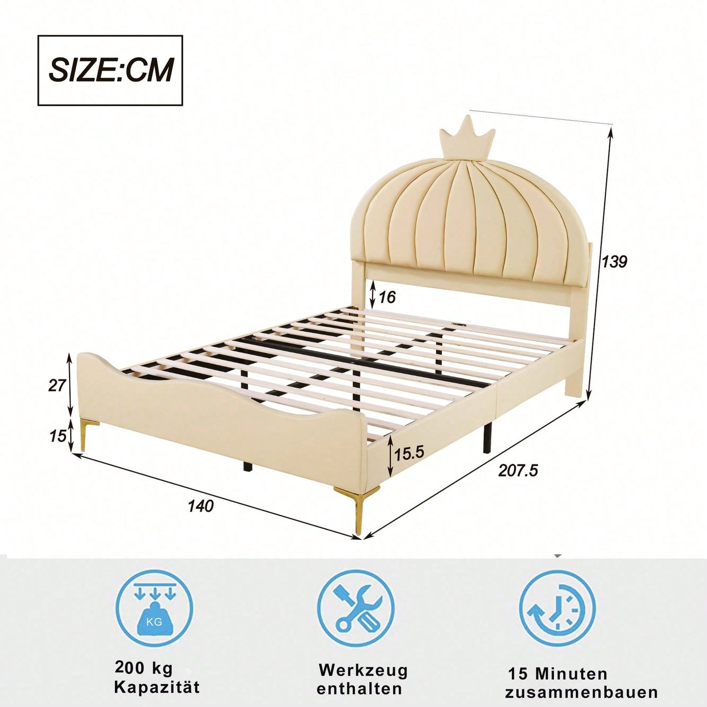 Kinderbett Polsterbett 140 * 200 cm, Cartoon-Kopfteil mit Kranzleiste, Bogenförmige Endgestaltung, Kunstlederstoff mit Lattenrost mit hohem Metallfußteil, Juniorbett Gästebett, Beige