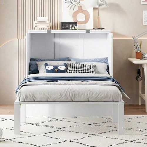 Schrankbett 90x200 cm, Wandbett mit Lattenrost, Wandklappbett, vertikales Schrankbett mit Lattenrost, Jugendbett, grau