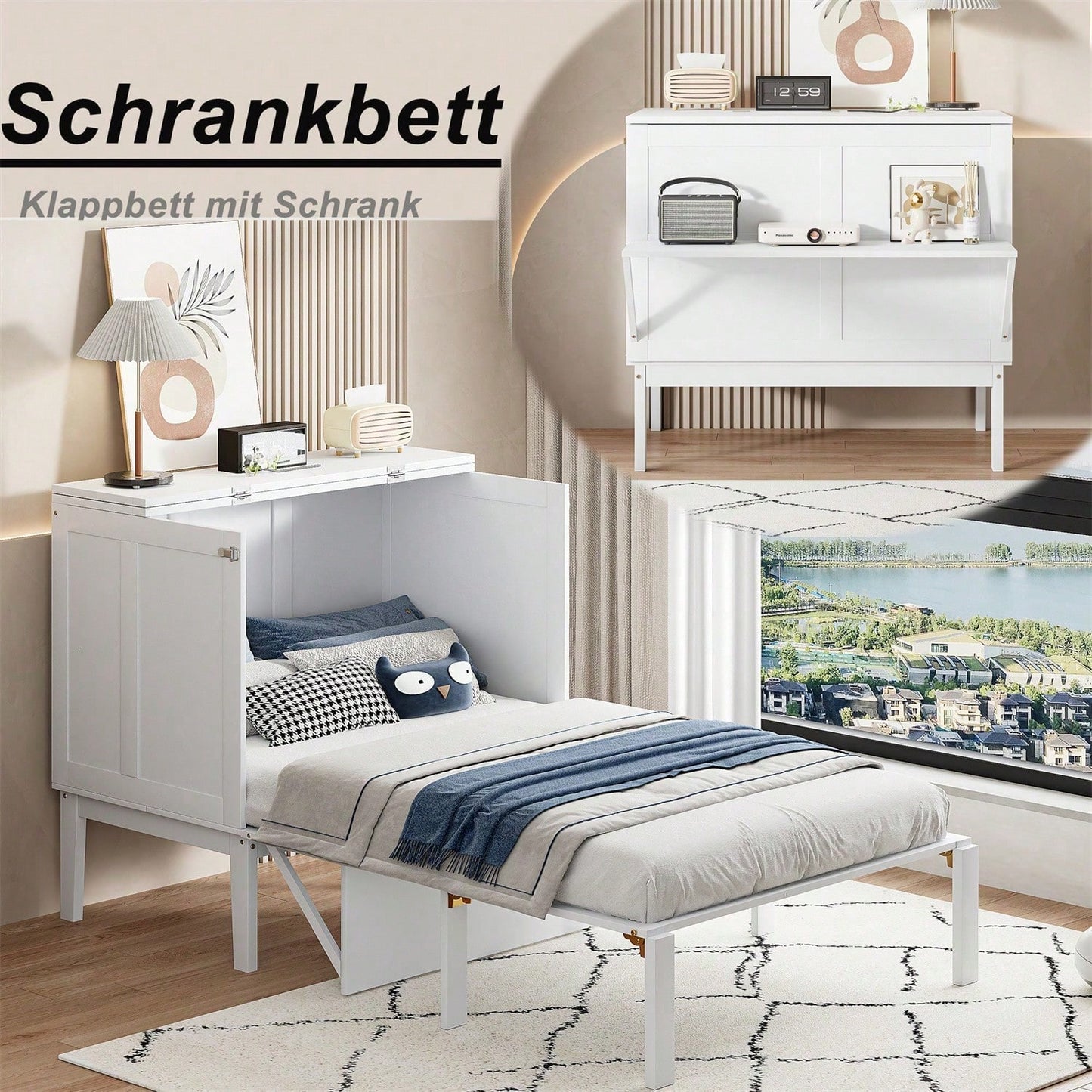 Schrankbett 90x200 cm, Wandbett mit Lattenrost, Wandklappbett, vertikales Schrankbett mit Lattenrost, Jugendbett, grau