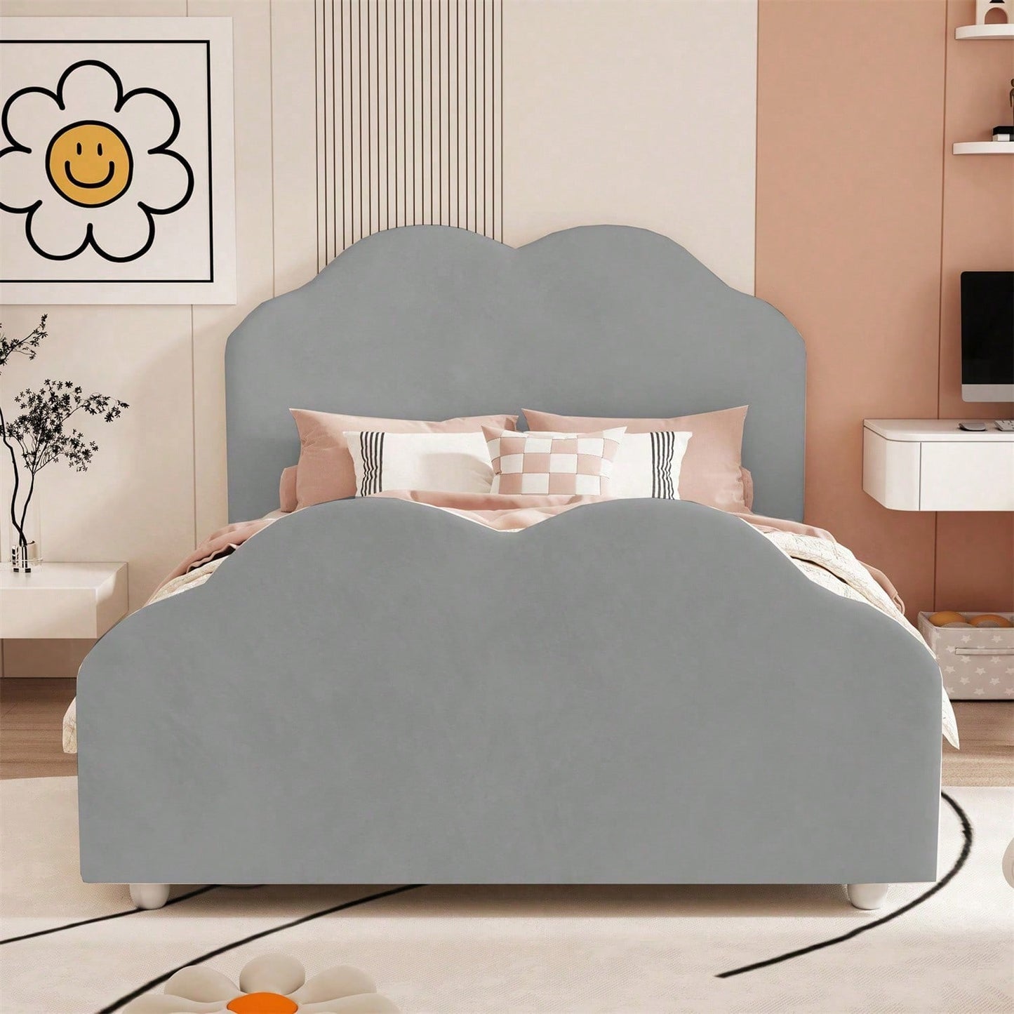 Polsterbett Kinderbett 90 x 200 cm hohes Geländer-Kinderbettgestell mit wolkenförmigem Kopf- und Fußteil. Einzelbett in hautfreundlichem Samt Rosa,ohne Matratze,