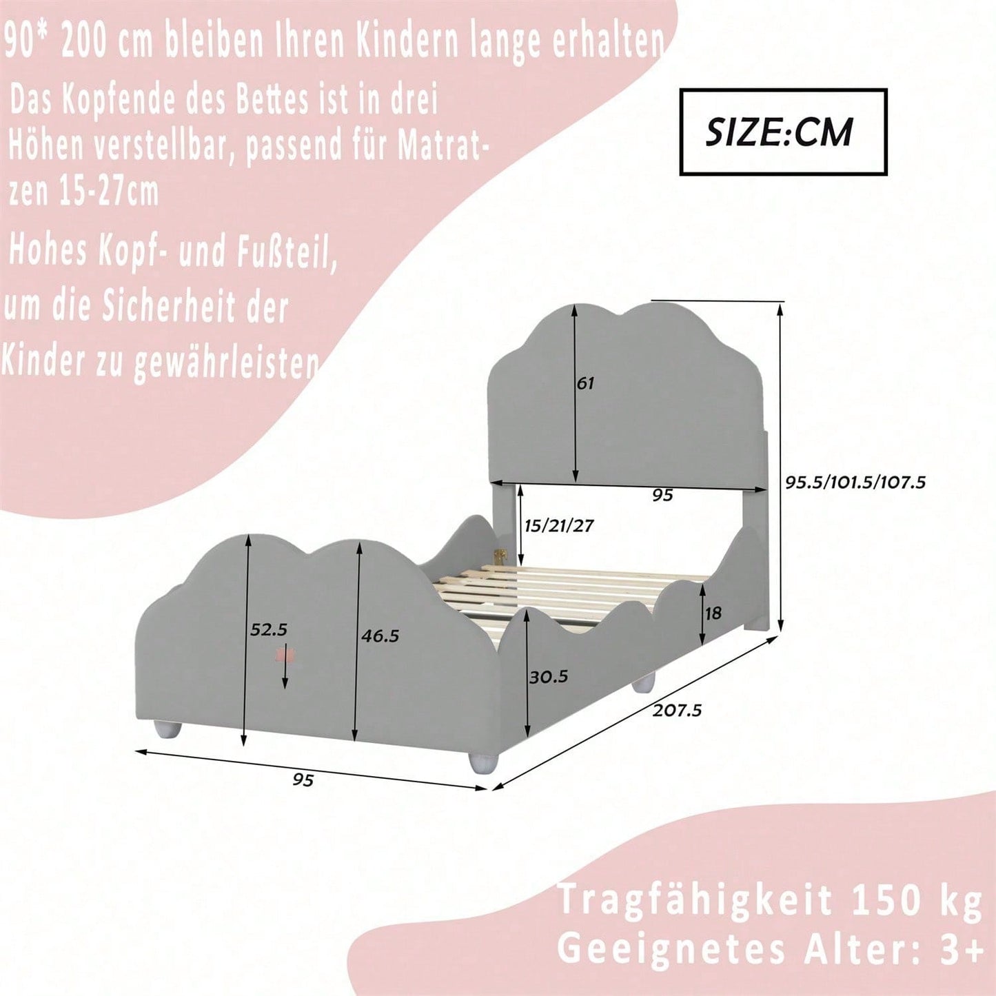 Polsterbett Kinderbett 90 x 200 cm hohes Geländer-Kinderbettgestell mit wolkenförmigem Kopf- und Fußteil. Einzelbett in hautfreundlichem Samt Rosa,ohne Matratze,