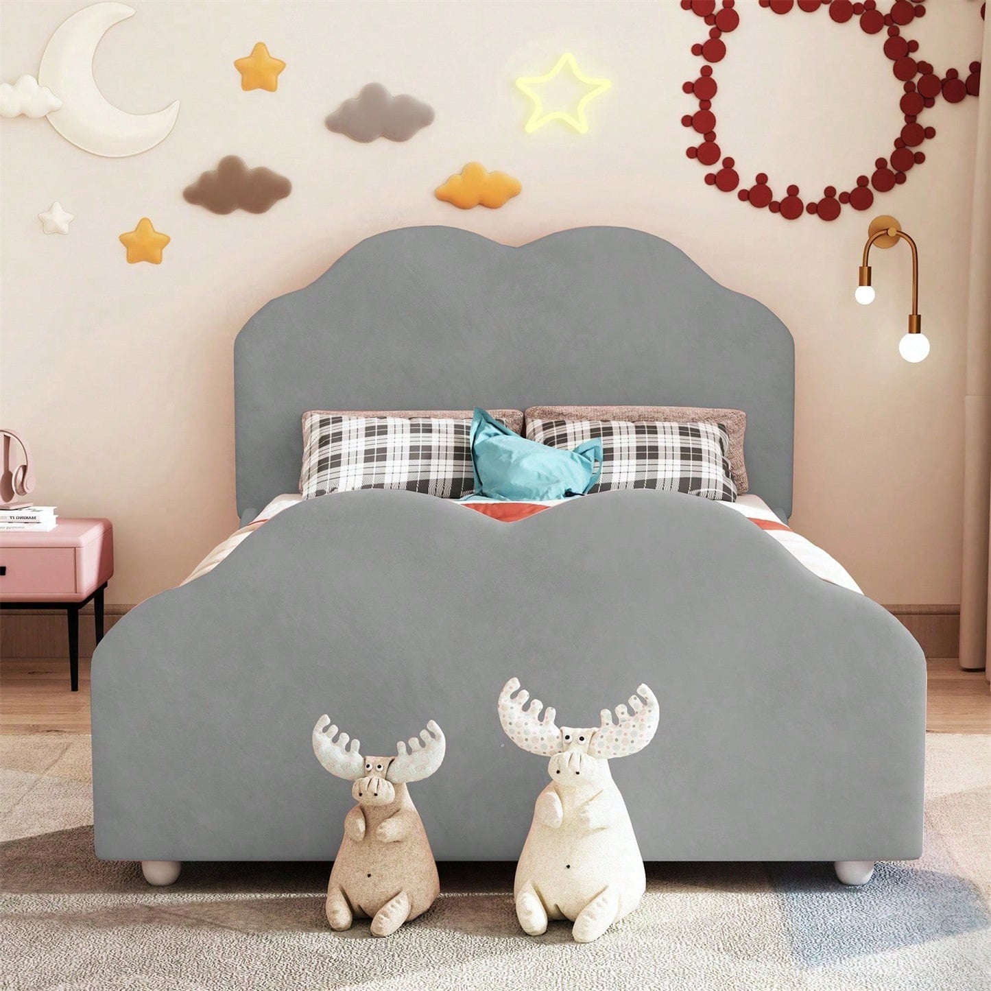 Polsterbett Kinderbett 90 x 200 cm hohes Geländer-Kinderbettgestell mit wolkenförmigem Kopf- und Fußteil. Einzelbett in hautfreundlichem Samt Rosa,ohne Matratze,