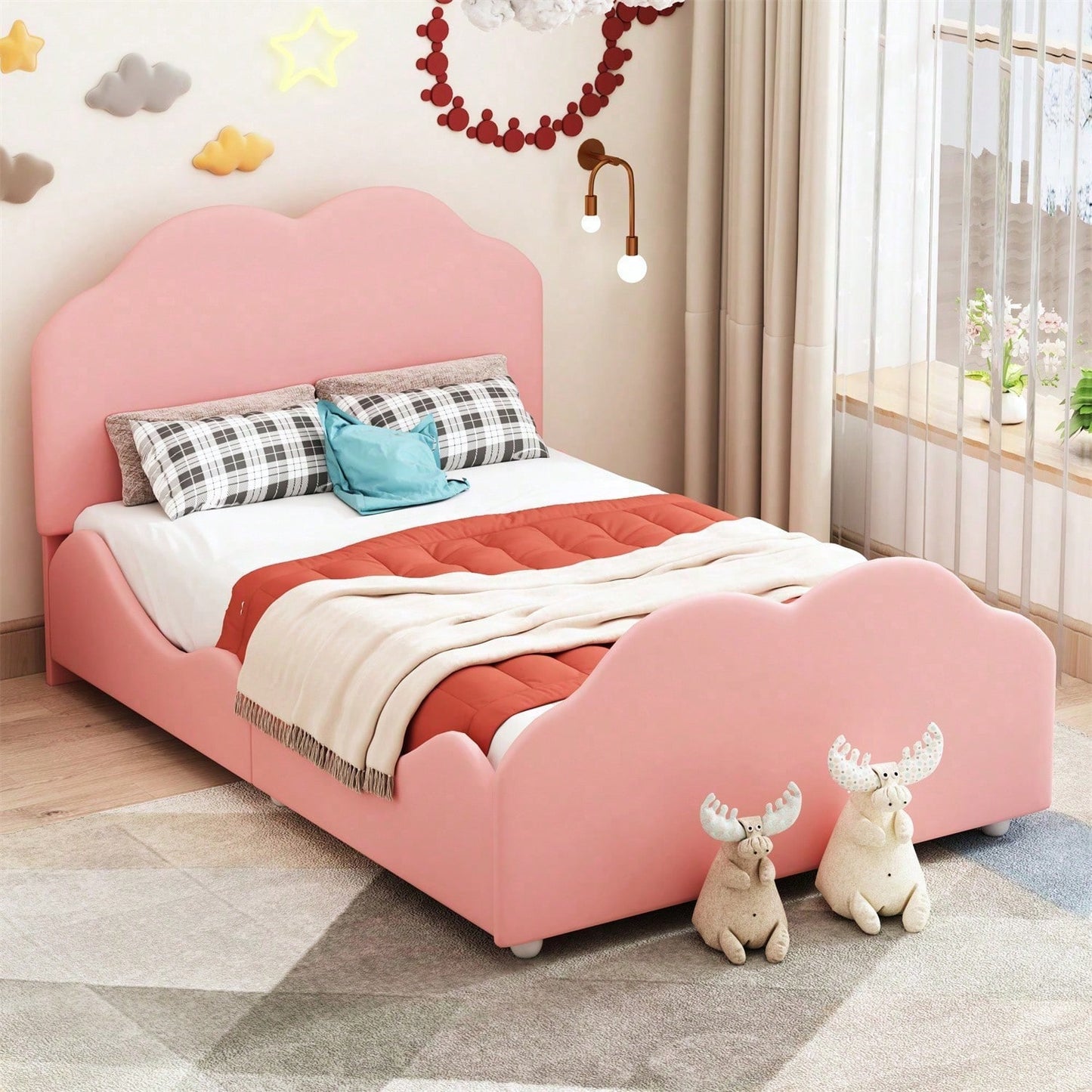 Polsterbett Kinderbett 90 x 200 cm hohes Geländer-Kinderbettgestell mit wolkenförmigem Kopf- und Fußteil. Einzelbett in hautfreundlichem Samt Rosa,ohne Matratze,