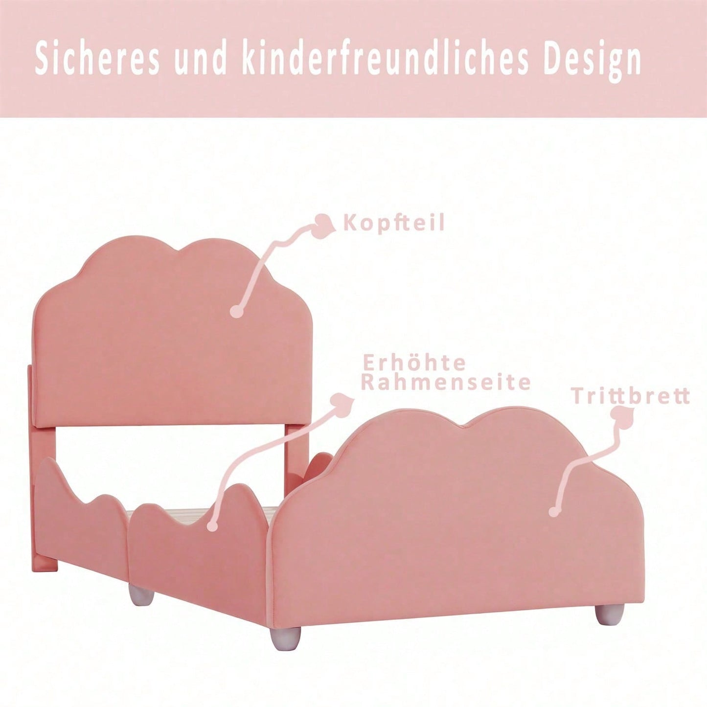 Polsterbett Kinderbett 90 x 200 cm hohes Geländer-Kinderbettgestell mit wolkenförmigem Kopf- und Fußteil. Einzelbett in hautfreundlichem Samt Rosa,ohne Matratze,