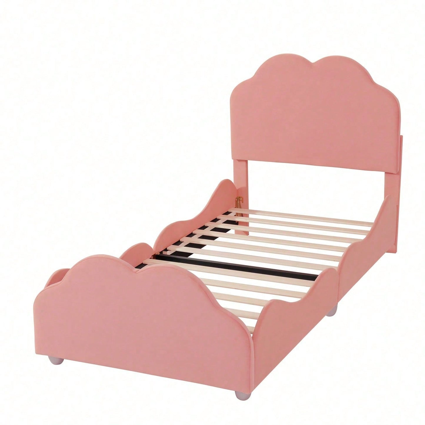Polsterbett Kinderbett 90 x 200 cm hohes Geländer-Kinderbettgestell mit wolkenförmigem Kopf- und Fußteil. Einzelbett in hautfreundlichem Samt Rosa,ohne Matratze,