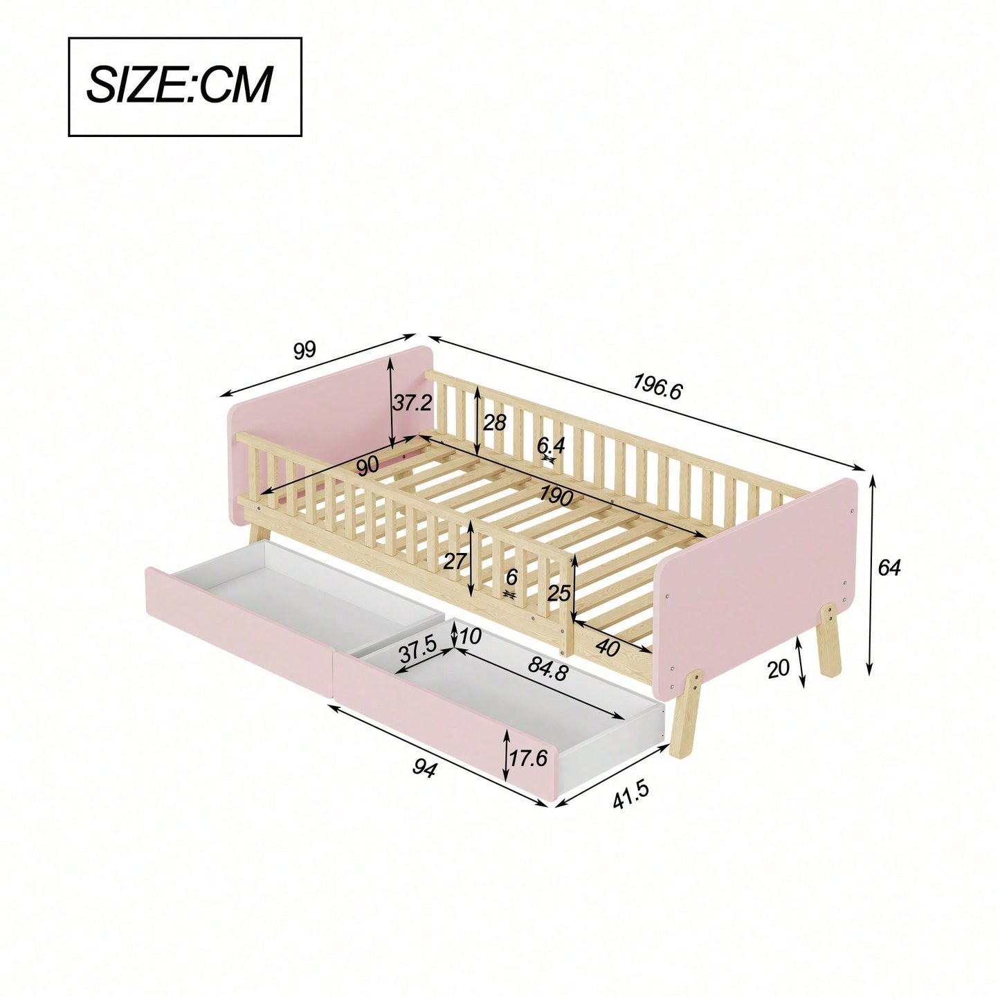 Kinderbett 90x190 mit 2 Schubladen, Einzelbett aus Massivholz mit Lattenrost, Rosa