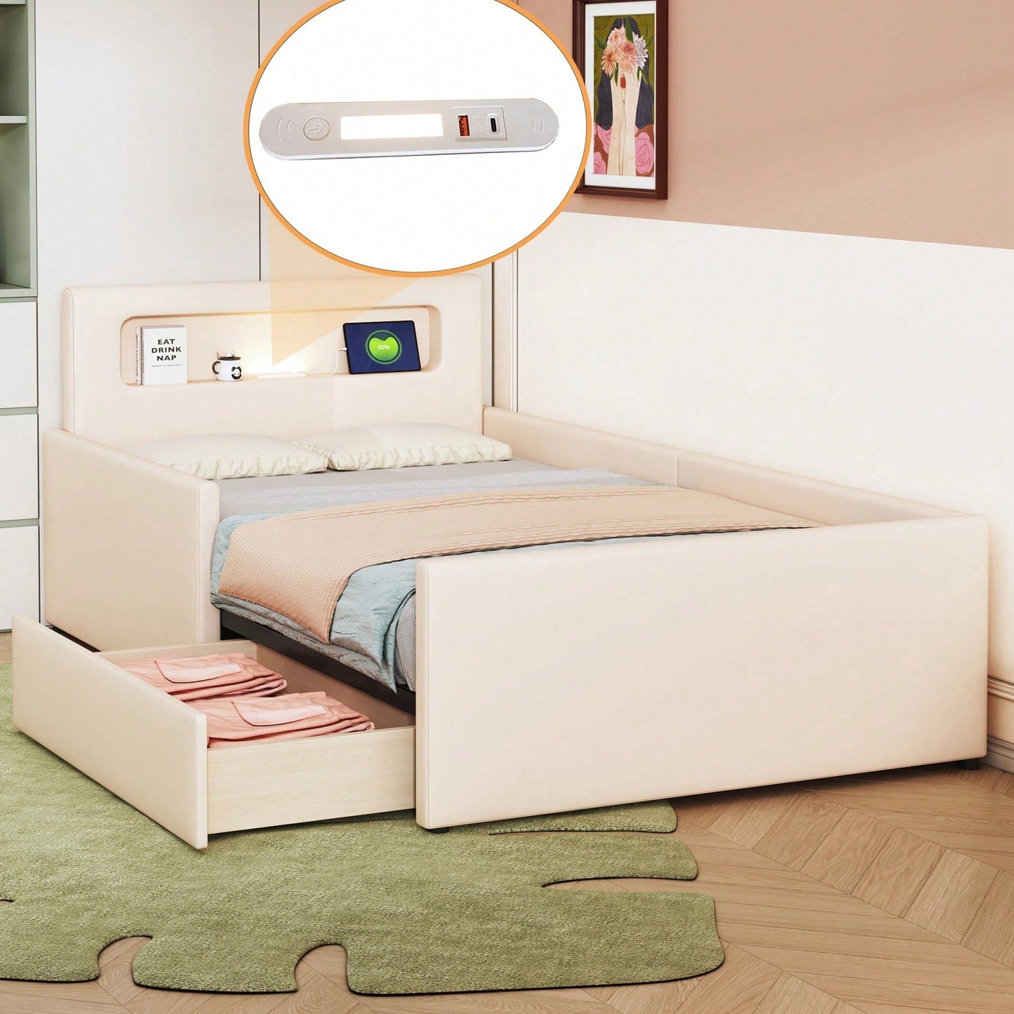 Polsterbett Kinderbett 90*200 cm, Mit Nachtlicht und USB-Ladeanschluss, Mit Ablagefächern, Erhöhte Seitenteile zur Sicherheit, Einfaches Einzelbett, Jungen- und Mädchenbett, Kunstlederstoff, Beige