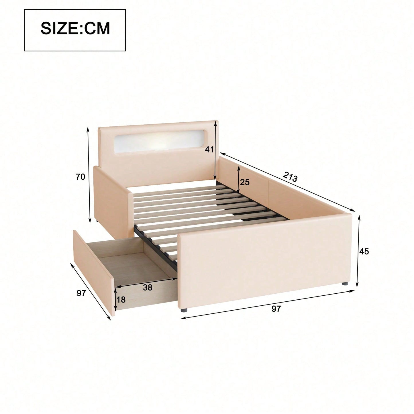 Polsterbett Kinderbett 90*200 cm, Mit Nachtlicht und USB-Ladeanschluss, Mit Ablagefächern, Erhöhte Seitenteile zur Sicherheit, Einfaches Einzelbett, Jungen- und Mädchenbett, Kunstlederstoff, Beige