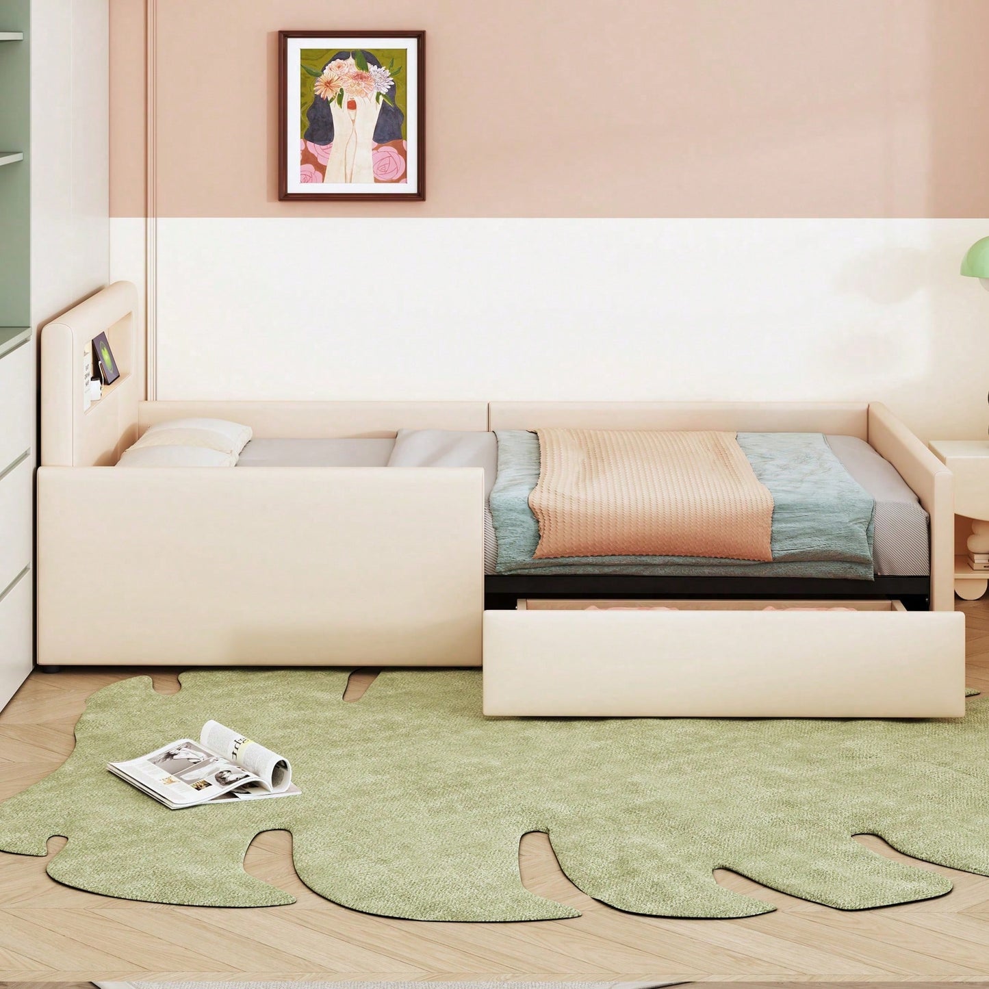 Polsterbett Kinderbett 90*200 cm, Mit Nachtlicht und USB-Ladeanschluss, Mit Ablagefächern, Erhöhte Seitenteile zur Sicherheit, Einfaches Einzelbett, Jungen- und Mädchenbett, Kunstlederstoff, Beige