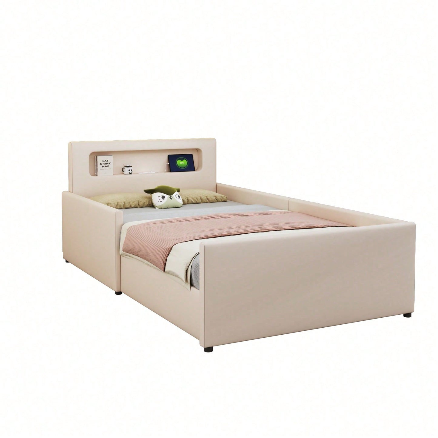 Polsterbett Kinderbett 90*200 cm, Mit Nachtlicht und USB-Ladeanschluss, Mit Ablagefächern, Erhöhte Seitenteile zur Sicherheit, Einfaches Einzelbett, Jungen- und Mädchenbett, Kunstlederstoff, Beige