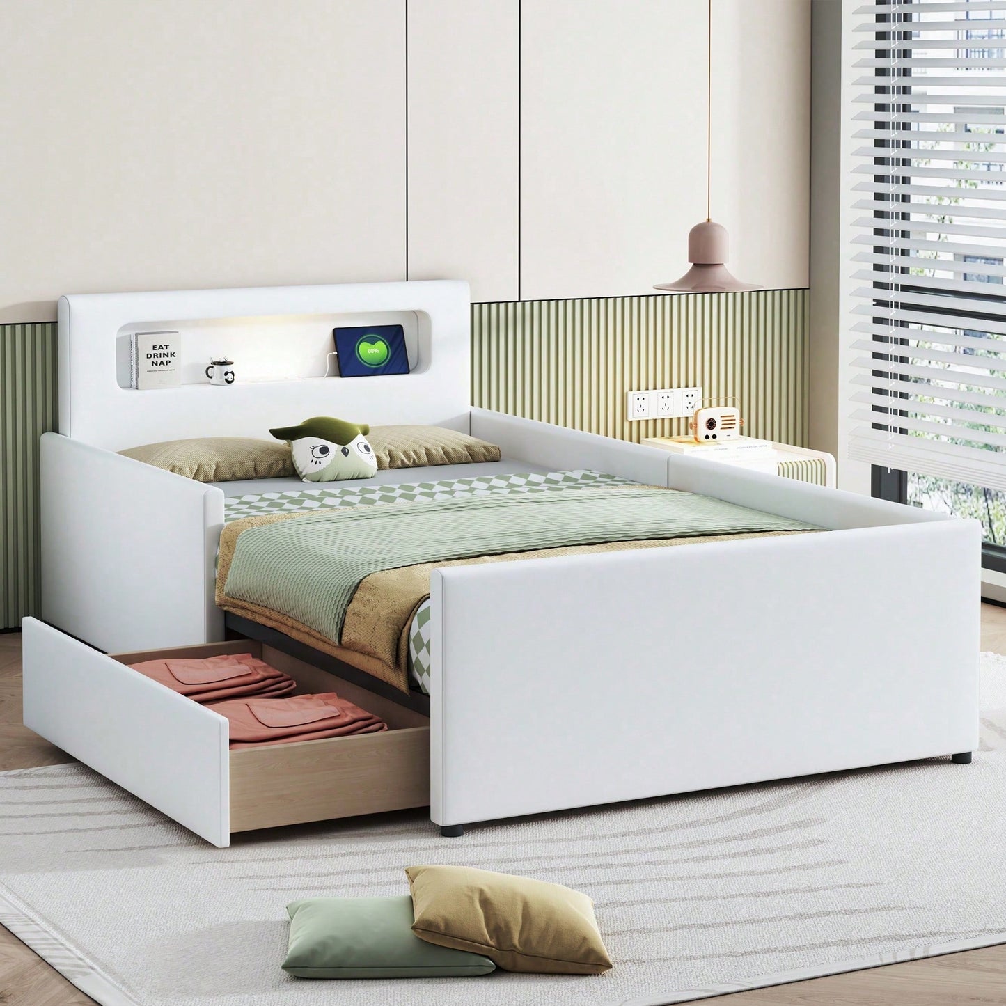 Polsterbett Kinderbett 90*200 cm, Mit Nachtlicht und USB-Ladeanschluss, Mit Ablagefächern, Erhöhte Seitenteile zur Sicherheit, Einfaches Einzelbett, Jungen- und Mädchenbett, Kunstlederstoff, Beige