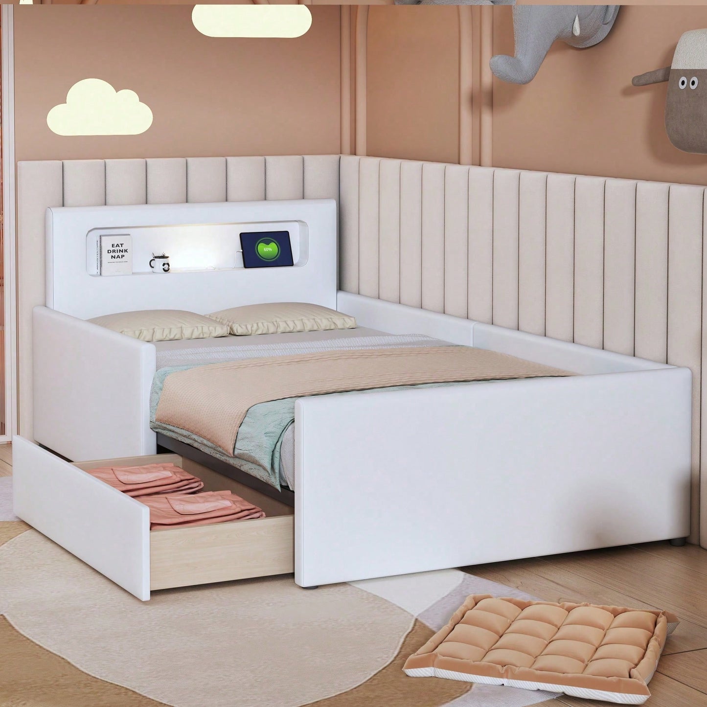Polsterbett Kinderbett 90*200 cm, Mit Nachtlicht und USB-Ladeanschluss, Mit Ablagefächern, Erhöhte Seitenteile zur Sicherheit, Einfaches Einzelbett, Jungen- und Mädchenbett, Kunstlederstoff, Beige