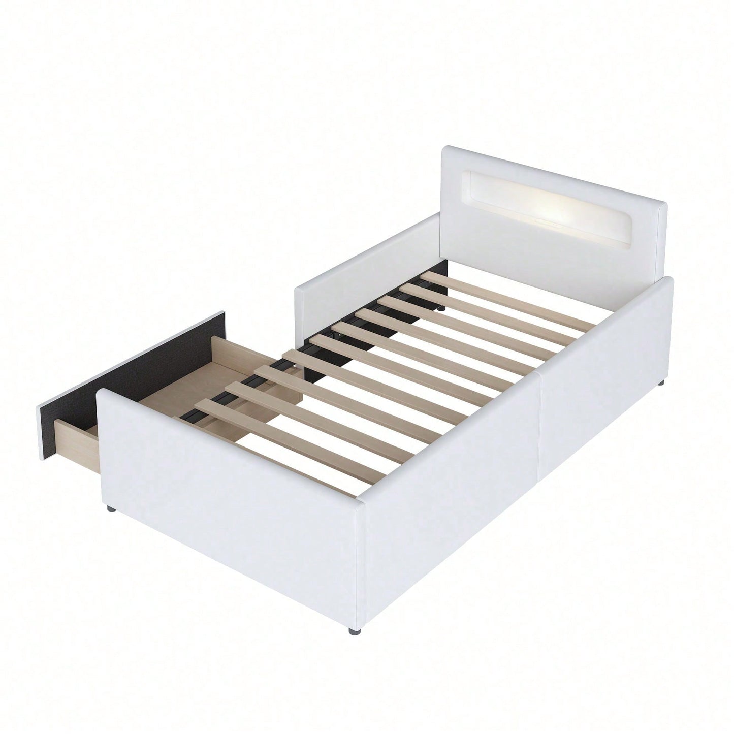 Polsterbett Kinderbett 90*200 cm, Mit Nachtlicht und USB-Ladeanschluss, Mit Ablagefächern, Erhöhte Seitenteile zur Sicherheit, Einfaches Einzelbett, Jungen- und Mädchenbett, Kunstlederstoff, Beige