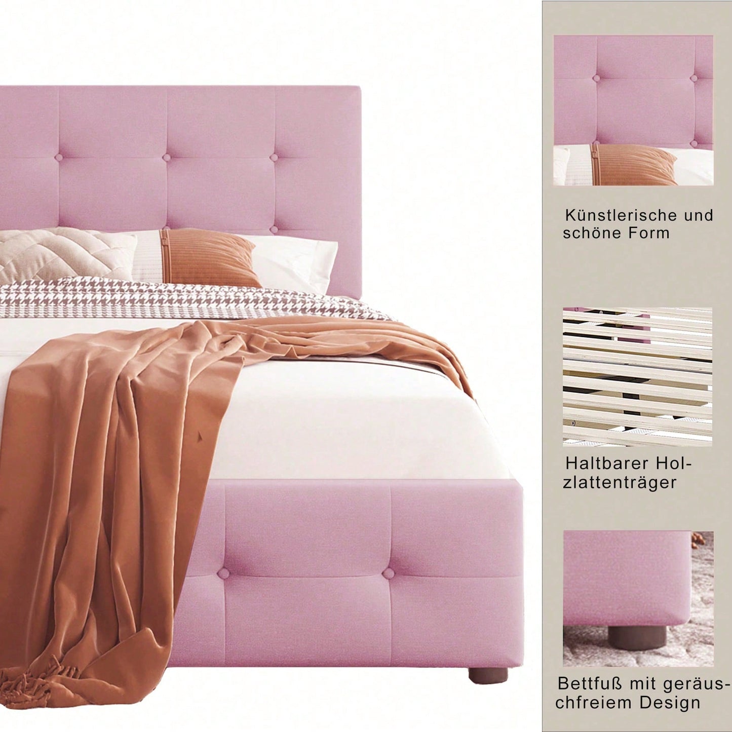 Polsterbett 90 x 200 cm Bett mit Lattenrost, Rückenlehne und zwei Schubladen, hautfreundlicher Samtstoff Beige flaches Einzelbett Kinderbett Jugendbett Gästebett