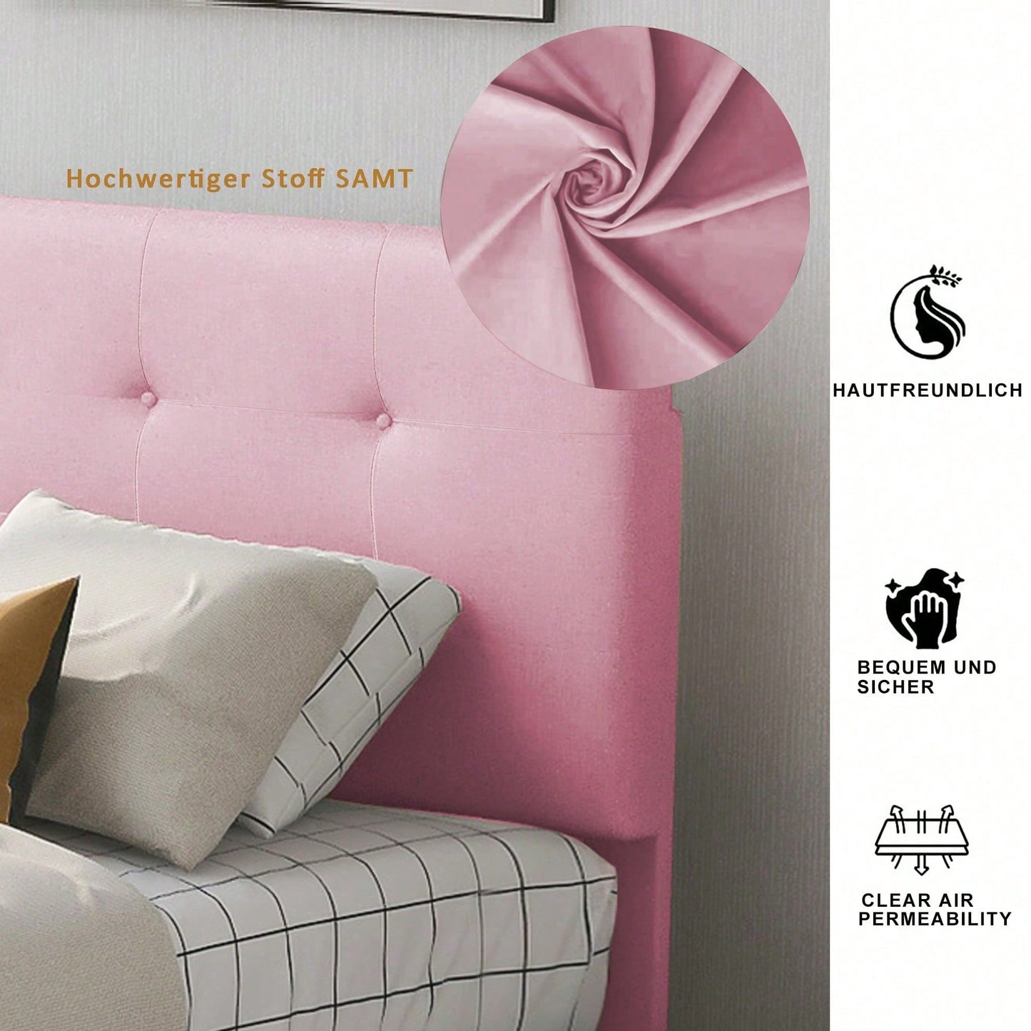 Polsterbett 90 x 200 cm Bett mit Lattenrost, Rückenlehne und zwei Schubladen, hautfreundlicher Samtstoff Beige flaches Einzelbett Kinderbett Jugendbett Gästebett