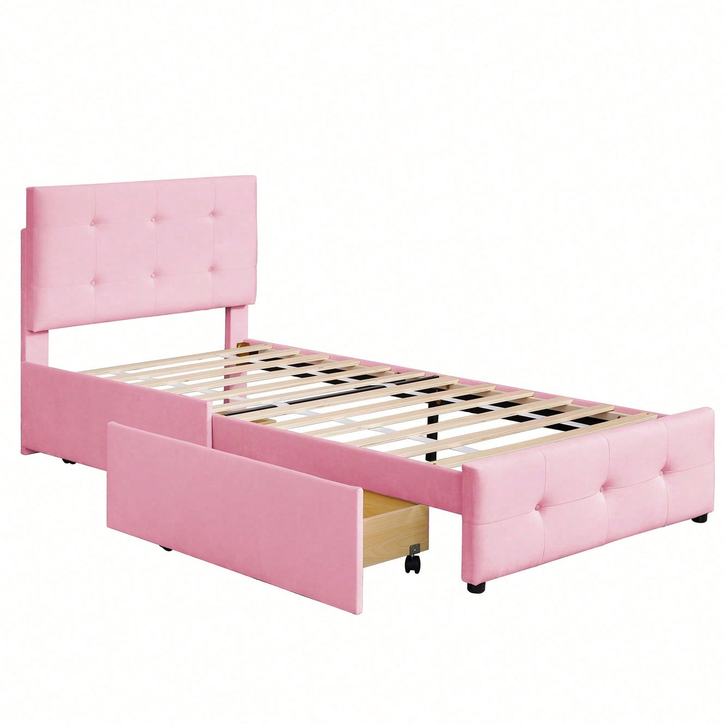 Polsterbett 90 x 200 cm Bett mit Lattenrost, Rückenlehne und zwei Schubladen, hautfreundlicher Samtstoff Beige flaches Einzelbett Kinderbett Jugendbett Gästebett