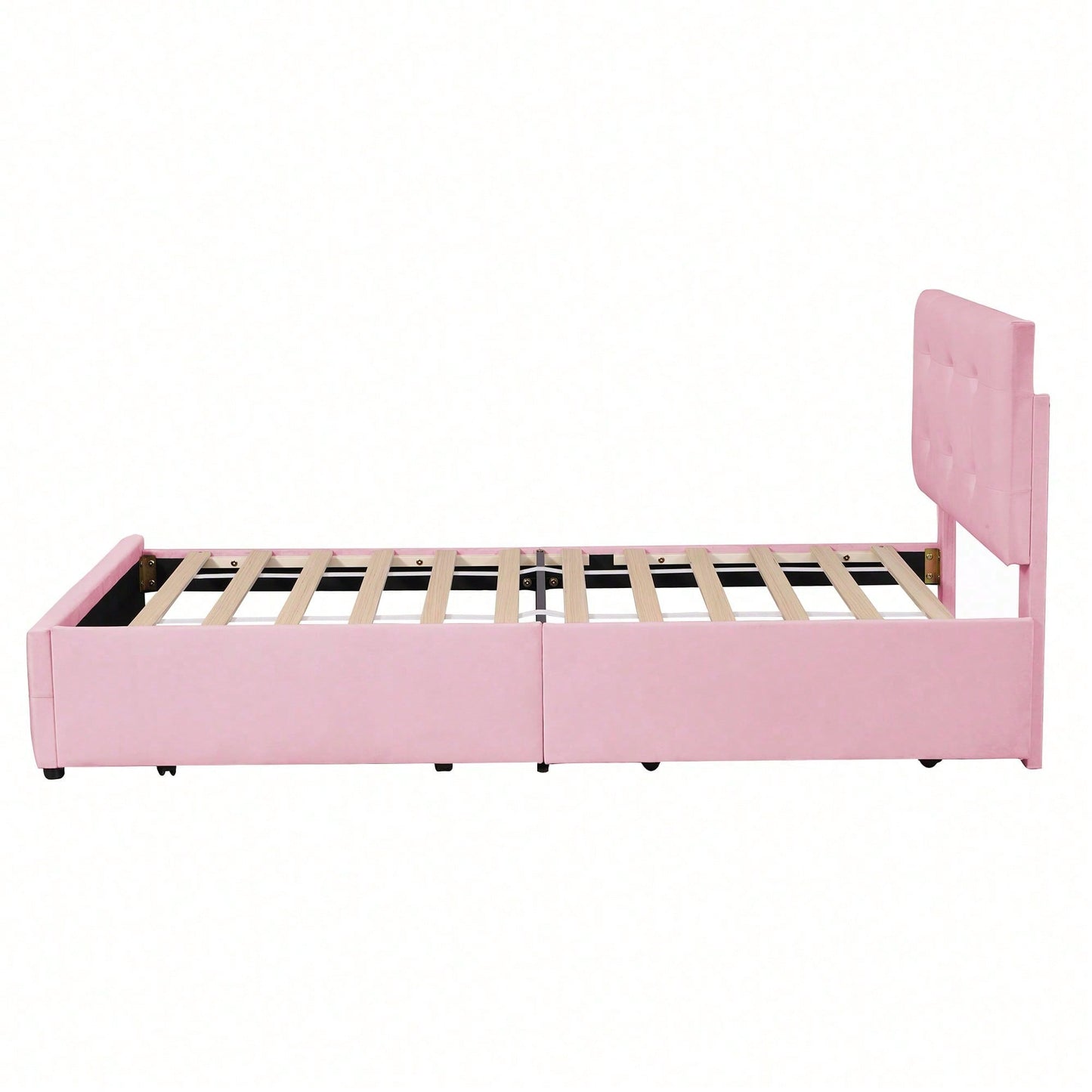 Polsterbett 90 x 200 cm Bett mit Lattenrost, Rückenlehne und zwei Schubladen, hautfreundlicher Samtstoff Beige flaches Einzelbett Kinderbett Jugendbett Gästebett